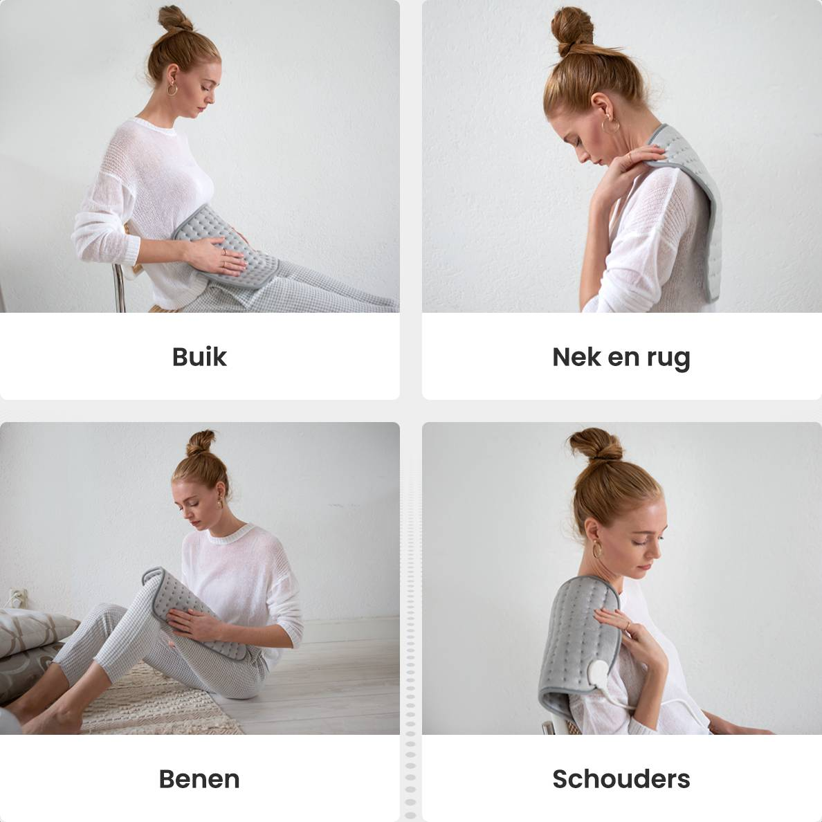 Woman demonstrates heating pad use on abdomen, neck, legs, and shoulders. She's in a white top, light pants, indoors.