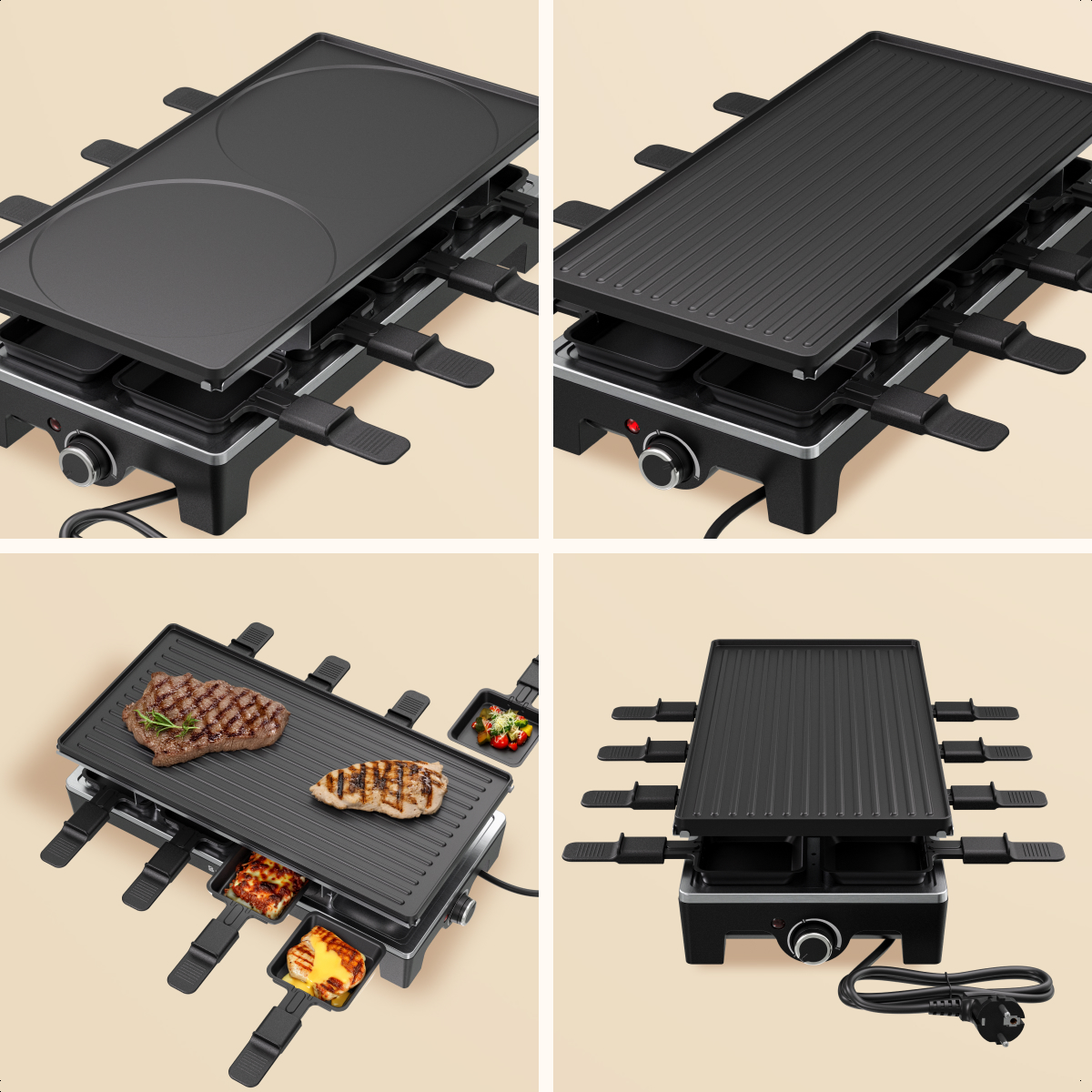 Ein Raclette-Grill mit verschiedenen Konfigurationen: eine flache Oberfläche, eine gerippte Oberfläche und eine Oberfläche mit Essen.