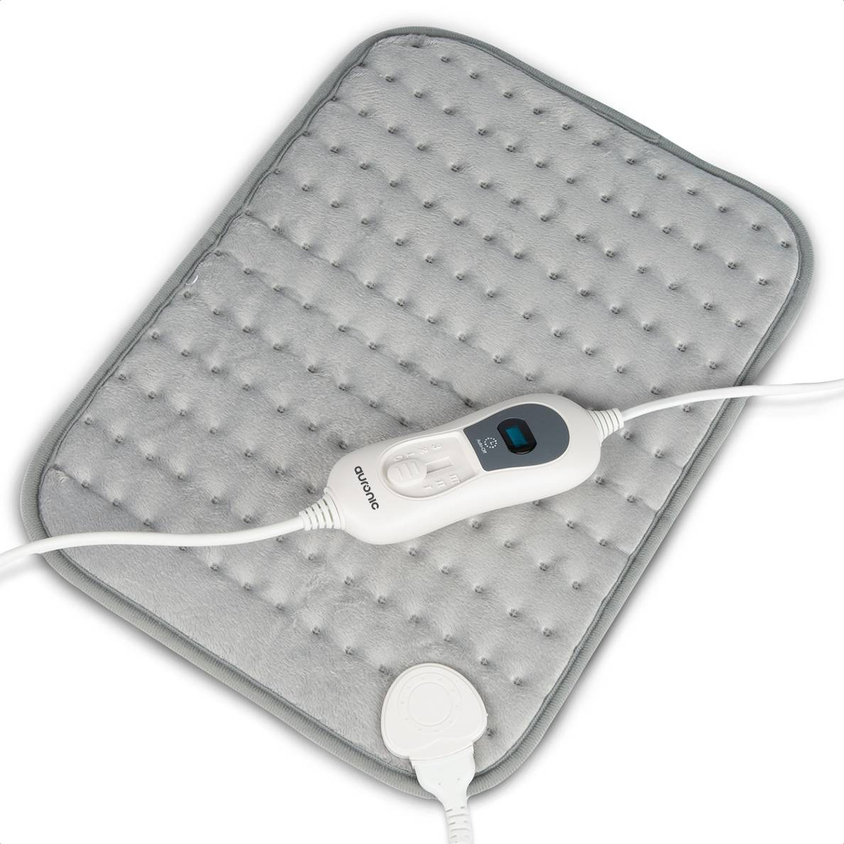 A gray heating pad with a white control panel, and cord. Buttons on the panel show heat levels. The pad has a textured surface.