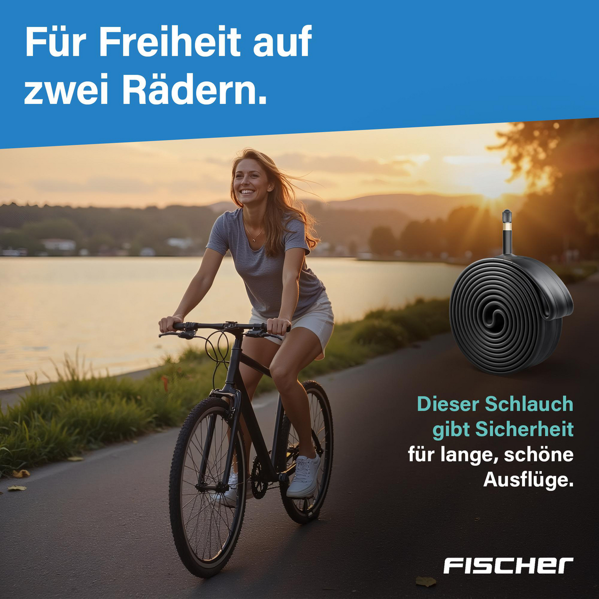 Eine Frau fährt Fahrrad auf einem Weg am See bei Sonnenuntergang. Ein Fahrradschlauch wird gezeigt, mit Text: 'Für Freiheit auf zwei Rädern.'