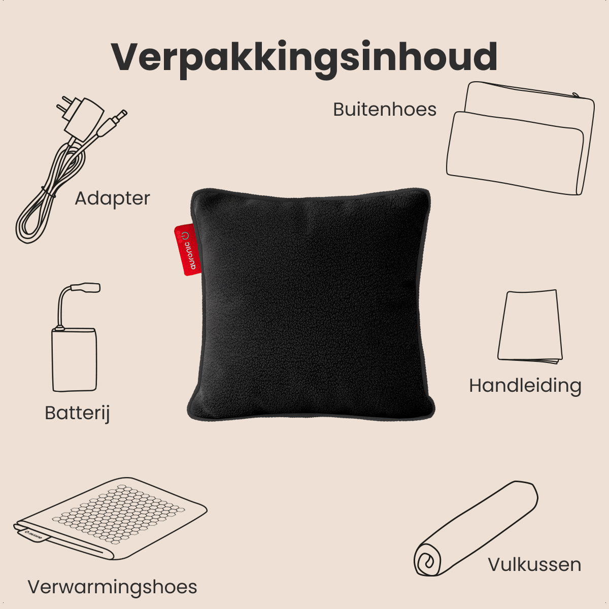 L'image montre le contenu de l'emballage : oreiller noir, adaptateur, batterie, coussin chauffant, housse extérieure, manuel et oreiller roulé.
