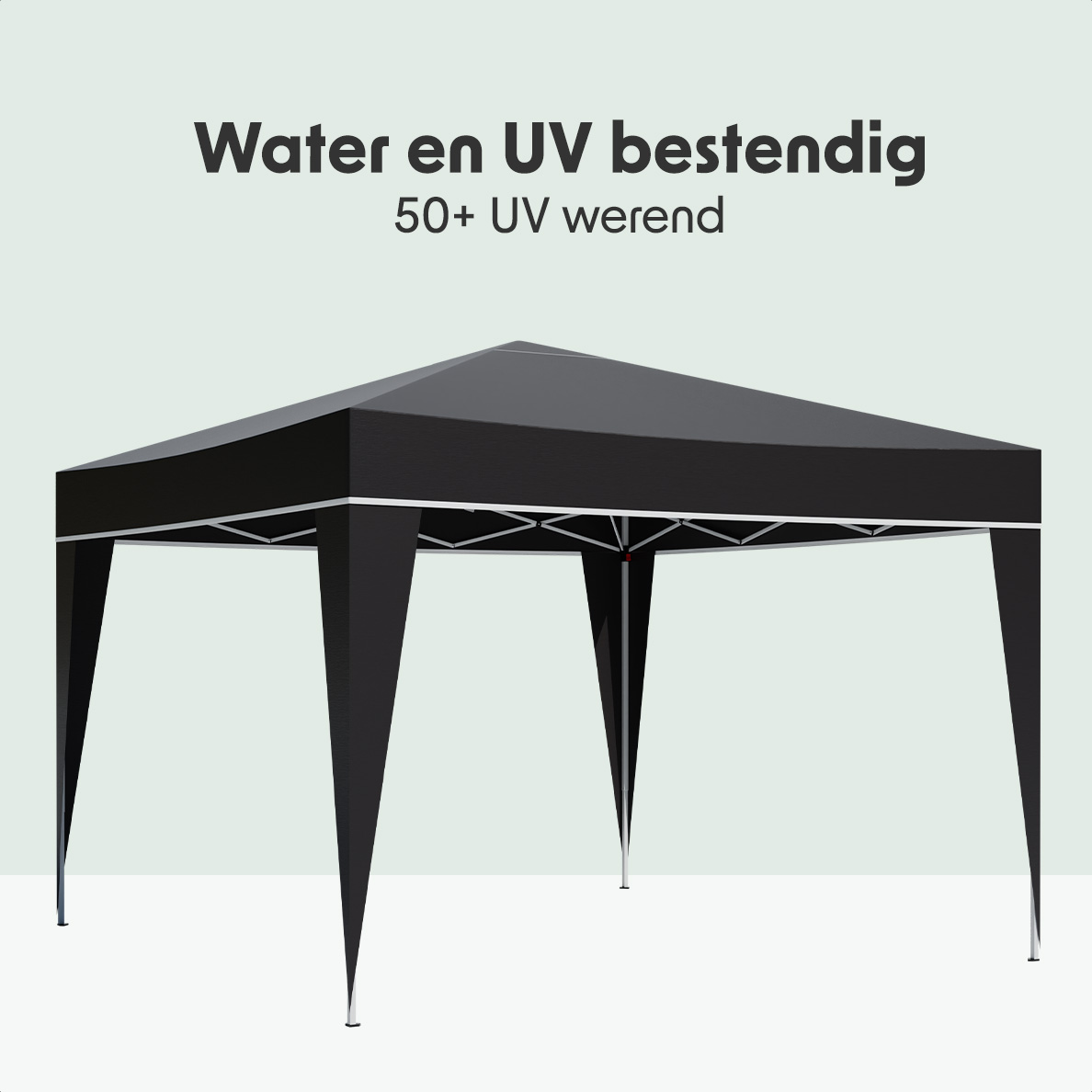 Un gazebo pop-up noir est présenté. Le texte en haut dit : Résistant à l'eau et aux UV, 50+ protection UV.