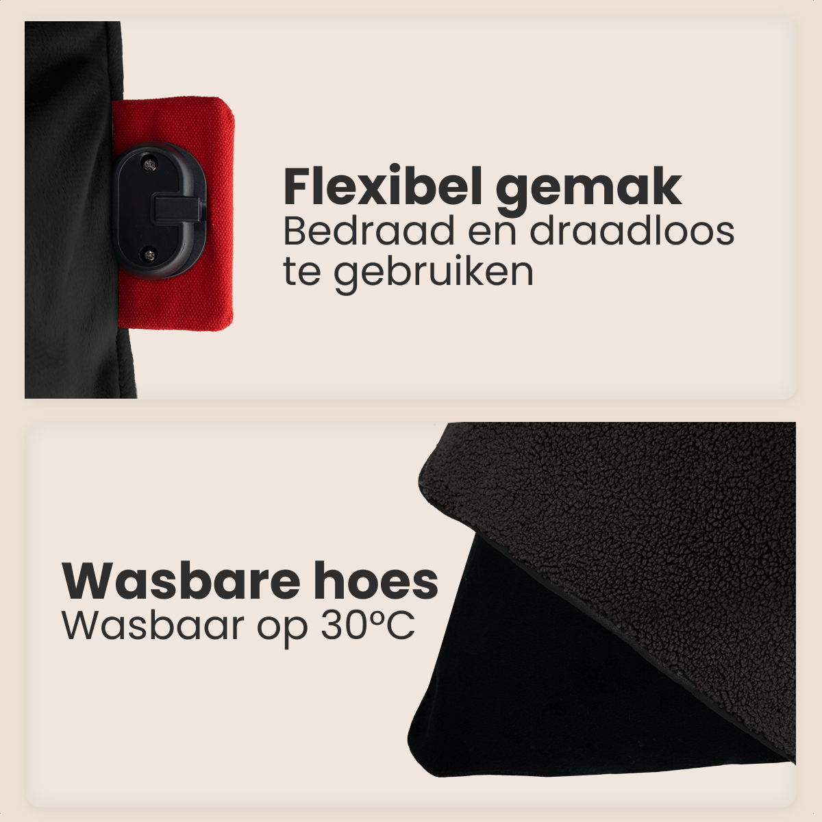 L'image montre un produit avec du texte. En haut : tissu noir, accent rouge et commande noire. En bas : tissu noir avec texte sur le lavage.