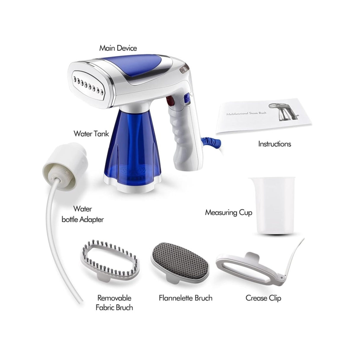 Ein weiß-blauer Handdampfer mit Zubehör wie Wasserflaschenadapter, Bürsten, Messbecher und Anweisungen.