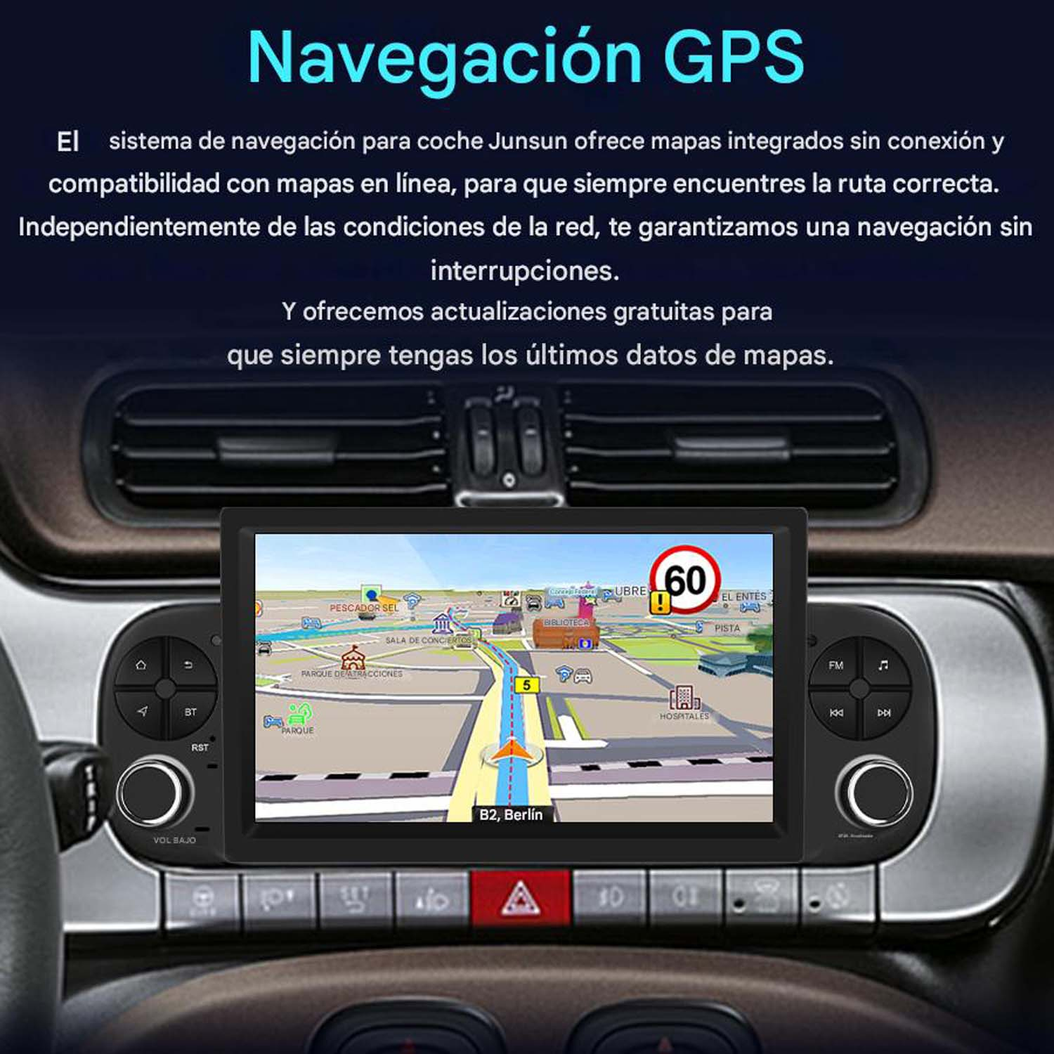 Cruscotto auto con schermo di navigazione GPS che mostra una mappa con percorso, limite di velocità e pulsanti.