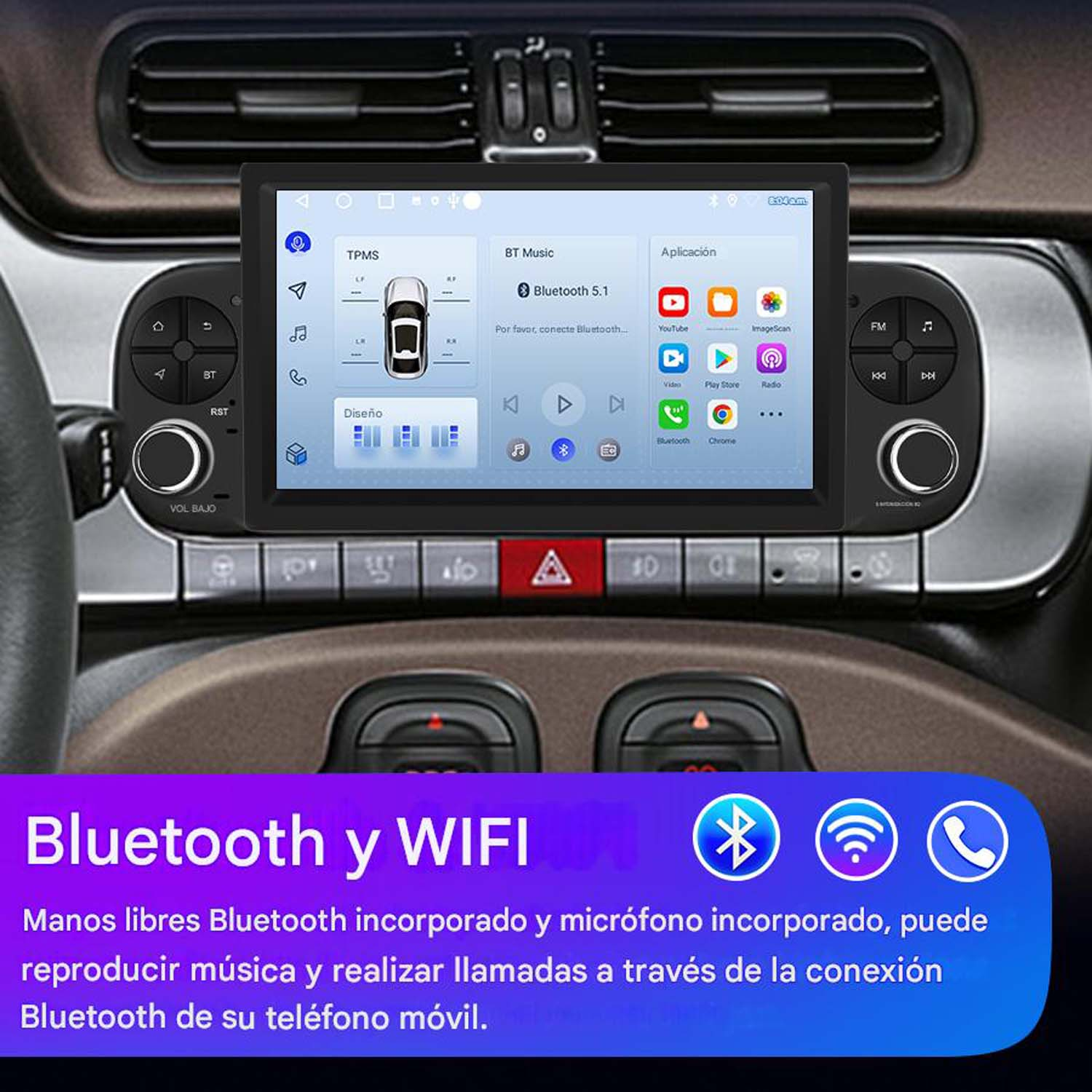 Autoradio con schermo che mostra le app. Pulsanti e manopole circondano lo schermo. Ha capacità Bluetooth e WiFi.