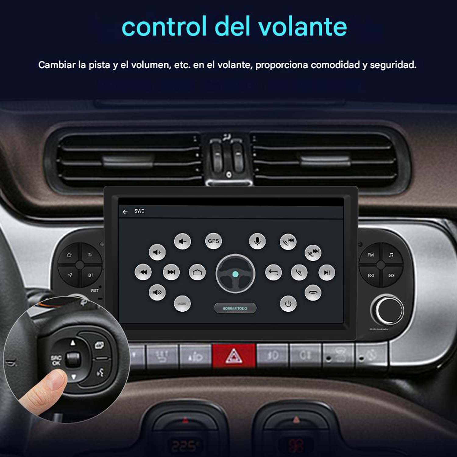 Interni auto con schermo che mostra i comandi e una mano che aziona un pulsante del volante. Testo in spagnolo: Controllo del volante.