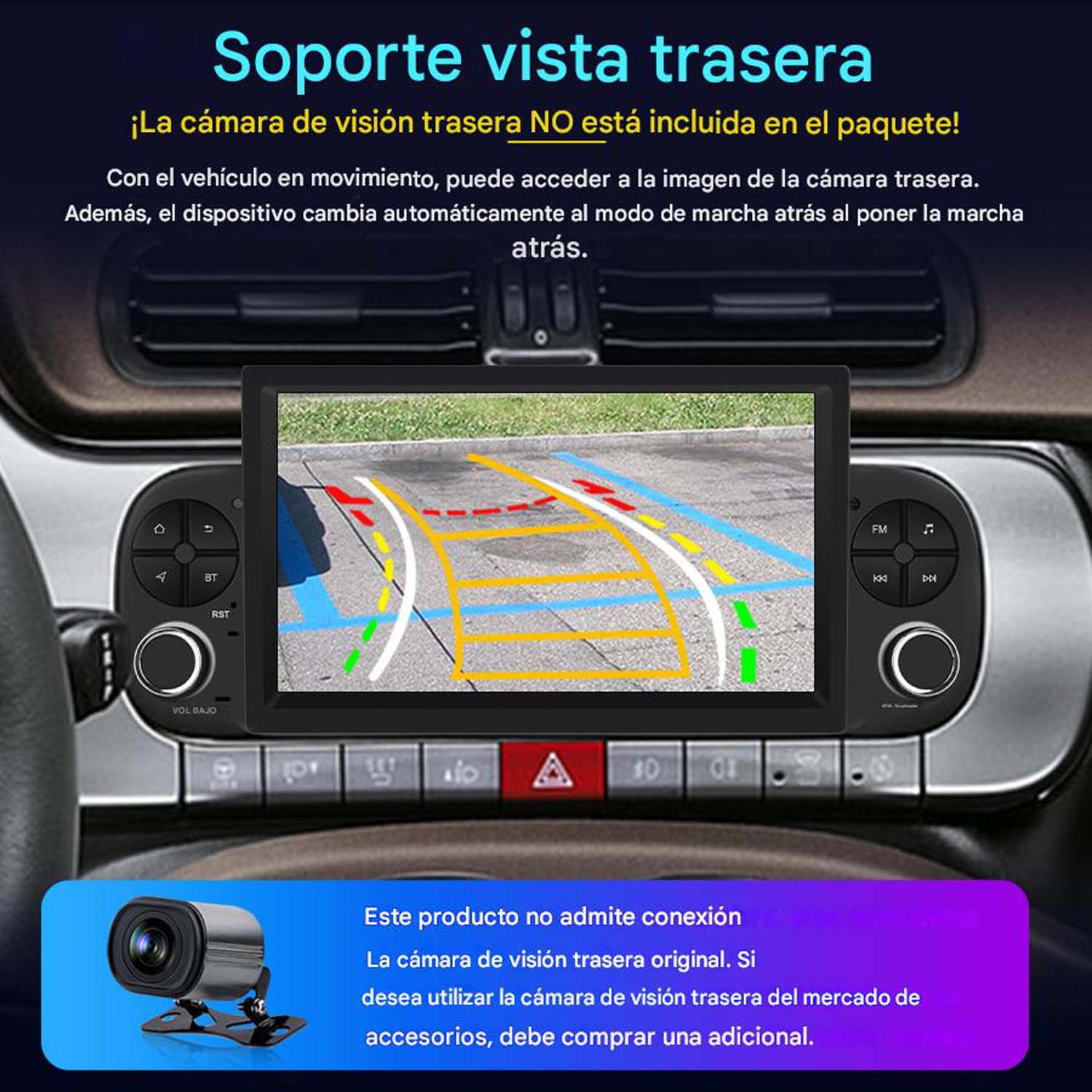 Interni auto con schermo che mostra la telecamera posteriore. Include telecamera, pulsanti e testo in spagnolo.
