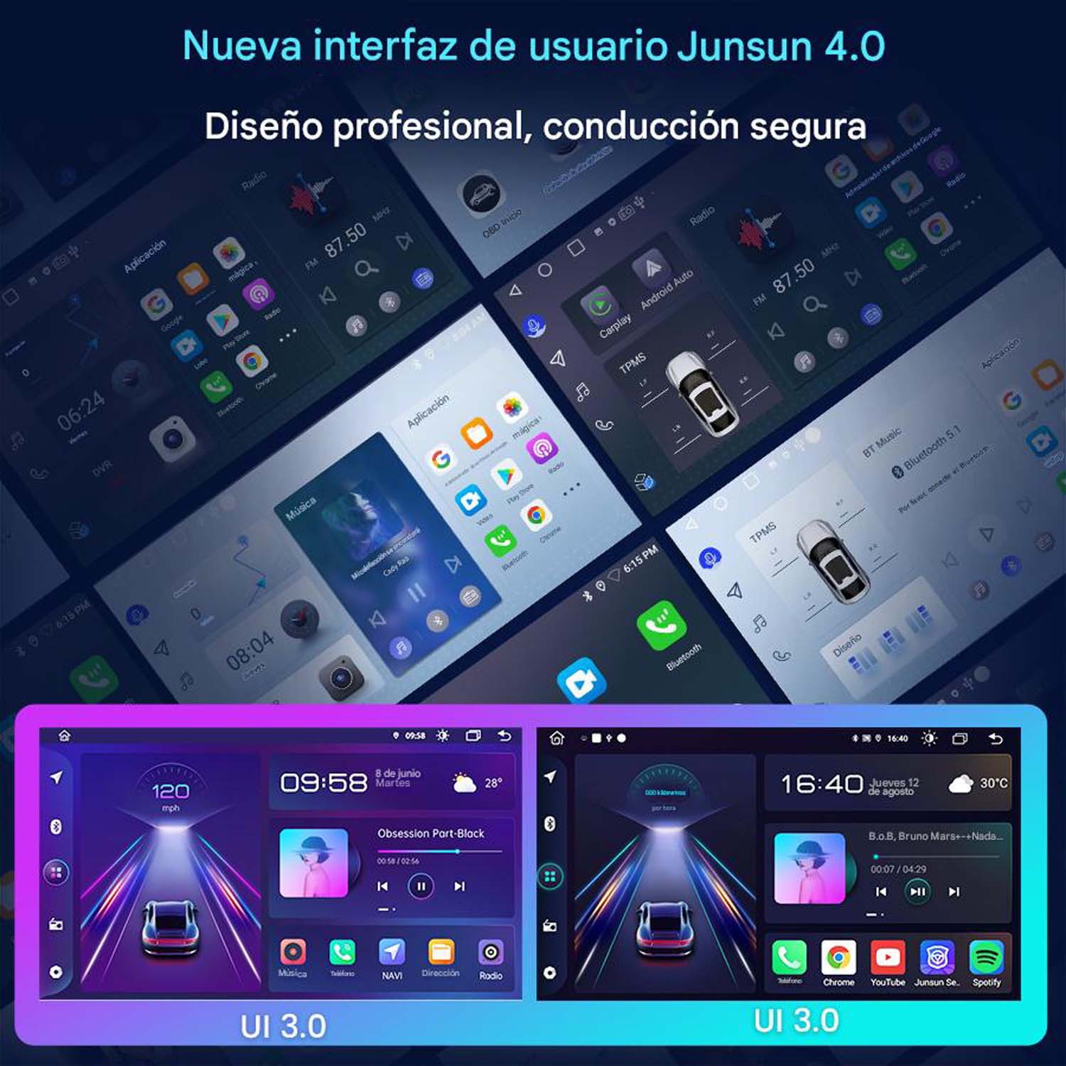 Interfaccia utente del sistema di infotainment per auto. Visualizza navigazione, radio e controlli multimediali. Mostra velocità, ora, data e temperatura.