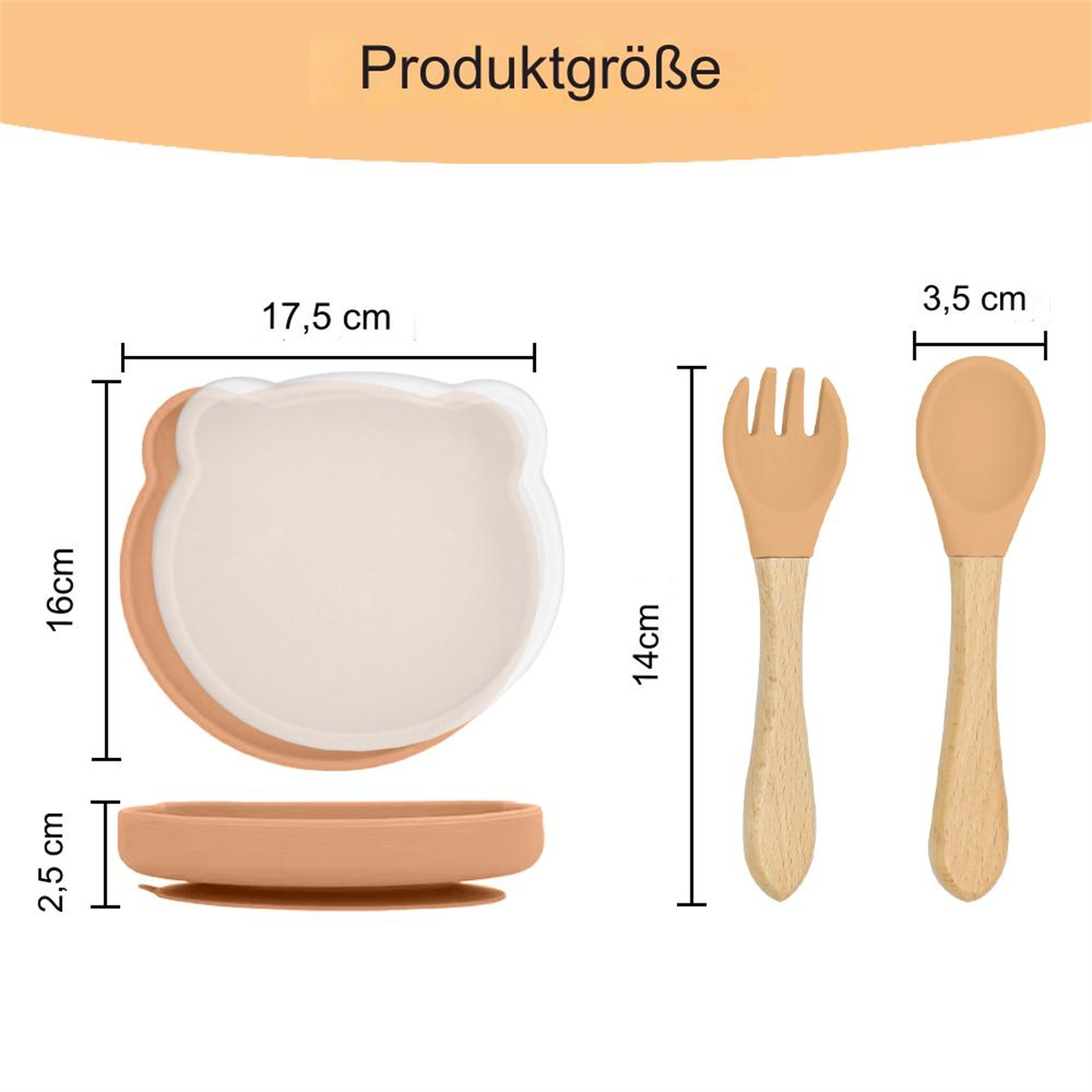 Ein Baby-Ess-Set: ein bärenförmiger Teller, eine Gabel und ein Löffel. Abmessungen sind angegeben. Das Set ist beige und hellbraun.