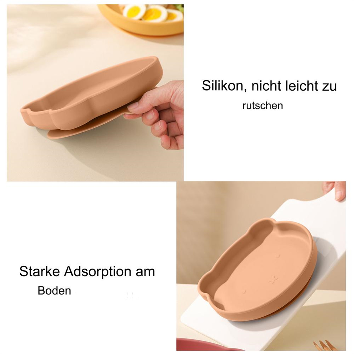 Eine pfirsichfarbene Silikonschale wird in verschiedenen Aufnahmen gezeigt. Sie wird von einer Hand gehalten, auf einem Schneidebrett und auf einem Tisch.