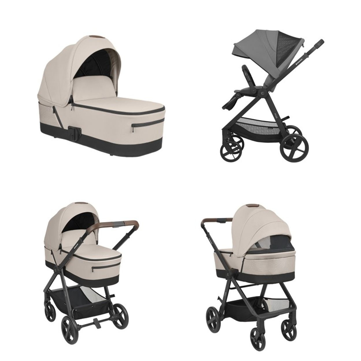 Cuatro cochecitos de bebé en diferentes configuraciones. Combinación de colores beige y negro. Un cochecito está desmontado y tiene capota gris.
