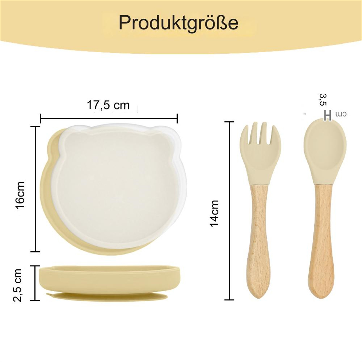 Ein beigefarbener bärenförmiger Teller, eine Gabel und ein Löffel. Die Abmessungen sind in cm angegeben. Gabel und Löffel haben Holzgriffe.