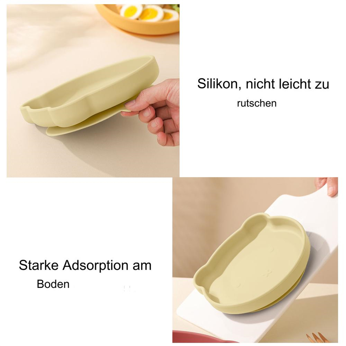 Eine beige Silikonschale wird gehalten und in verschiedenen Winkeln gezeigt. Textetiketten weisen auf Merkmale wie starke Bodenhaftung hin.