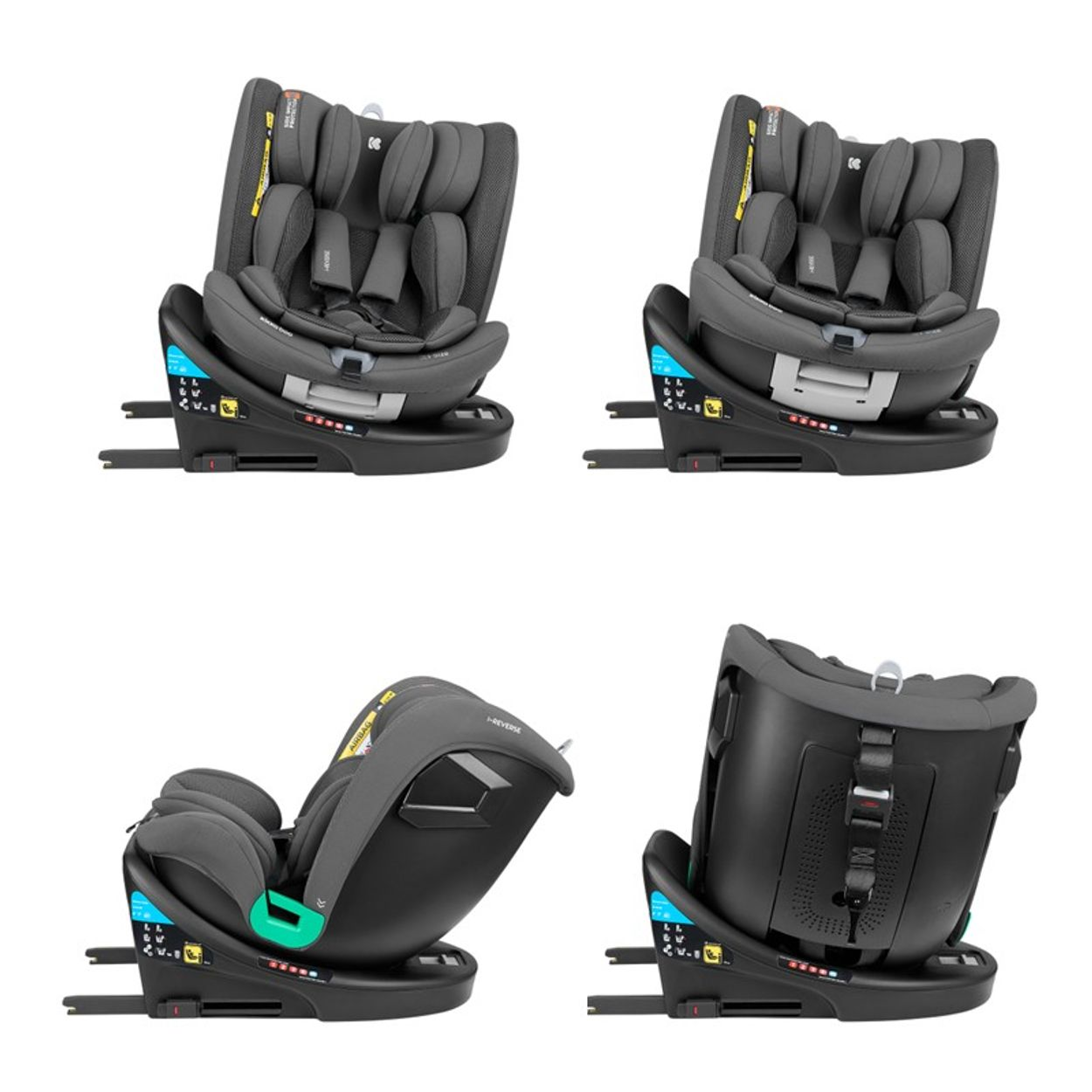 Cuatro vistas de una silla de coche gris. Varios ángulos muestran el diseño del asiento, incluyendo reposacabezas, arnés y base.