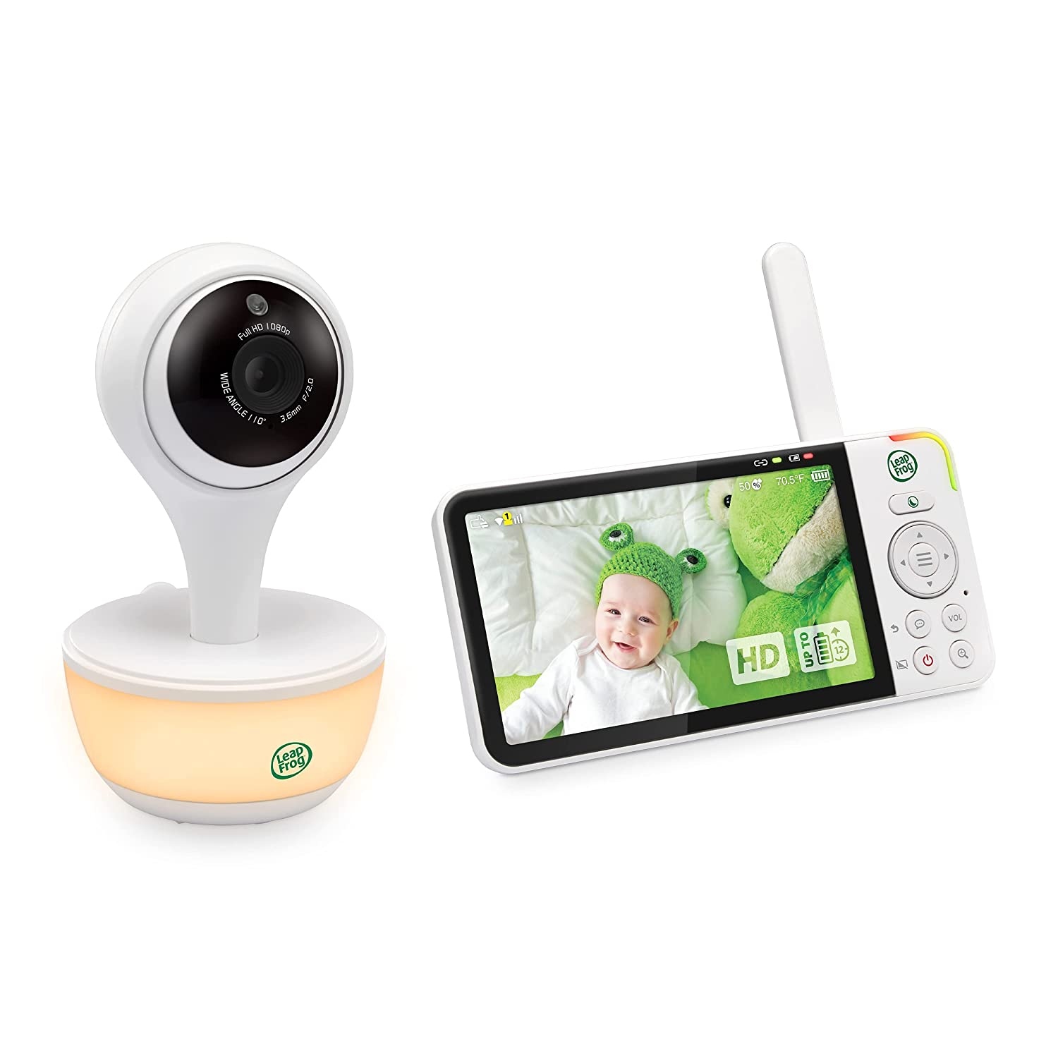 Babyphone-Set. Kamera und Bildschirm zeigen ein Baby mit grünem Hut. Die Kamera ist weiß, der Bildschirm weiß und hat Steuertasten.