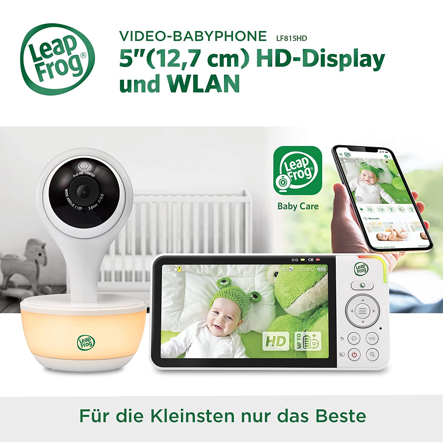 Ein Babyphone-Set mit Kamera, Monitor und Telefonbildschirm, der ein Baby mit Froschhütchen zeigt. Die Marke ist LeapFrog.