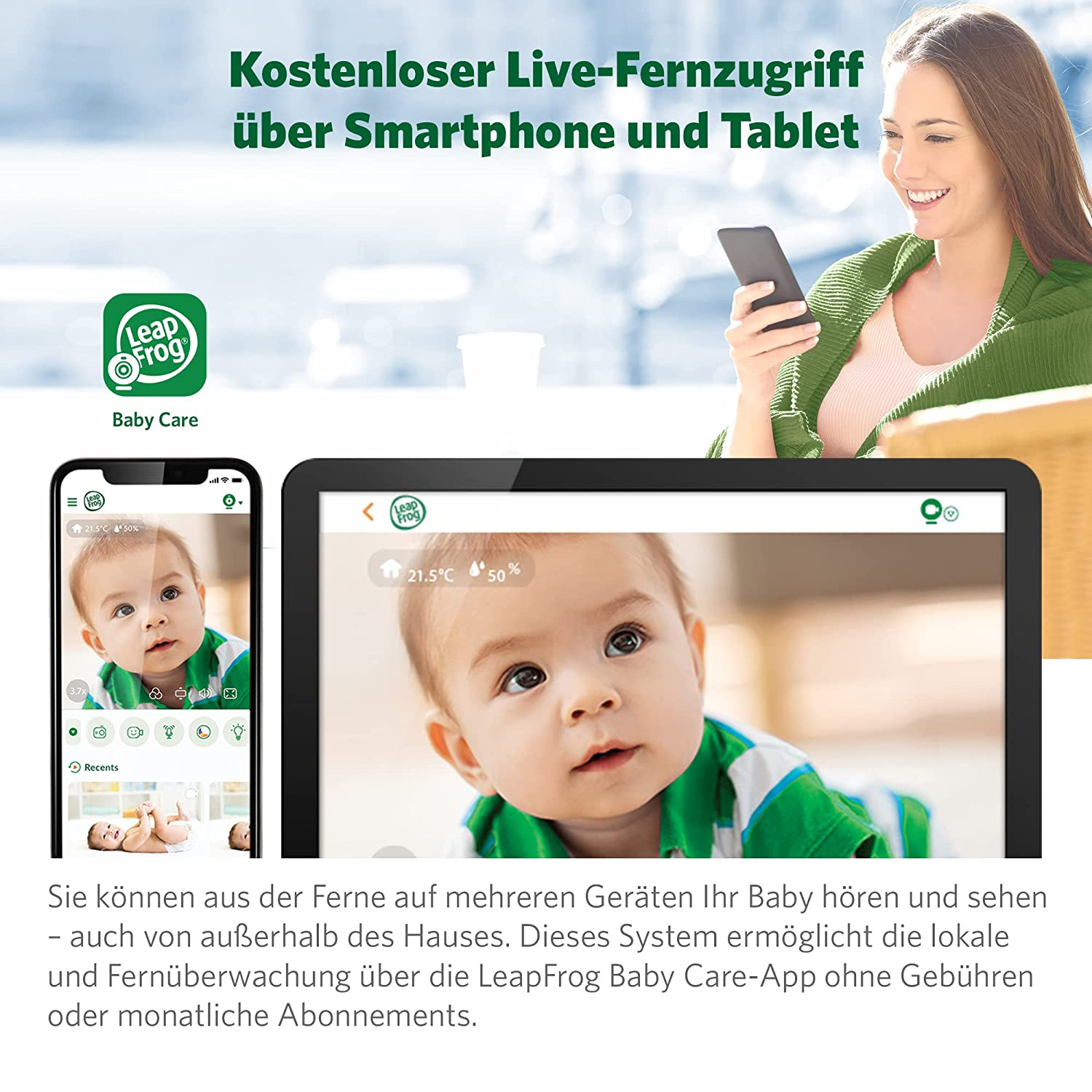 Frau mit Handy, blickt auf Babyfon, das ein Baby zeigt. Text: 'Kostenloser Live-Fernzugriff über Smartphone und Tablet'.