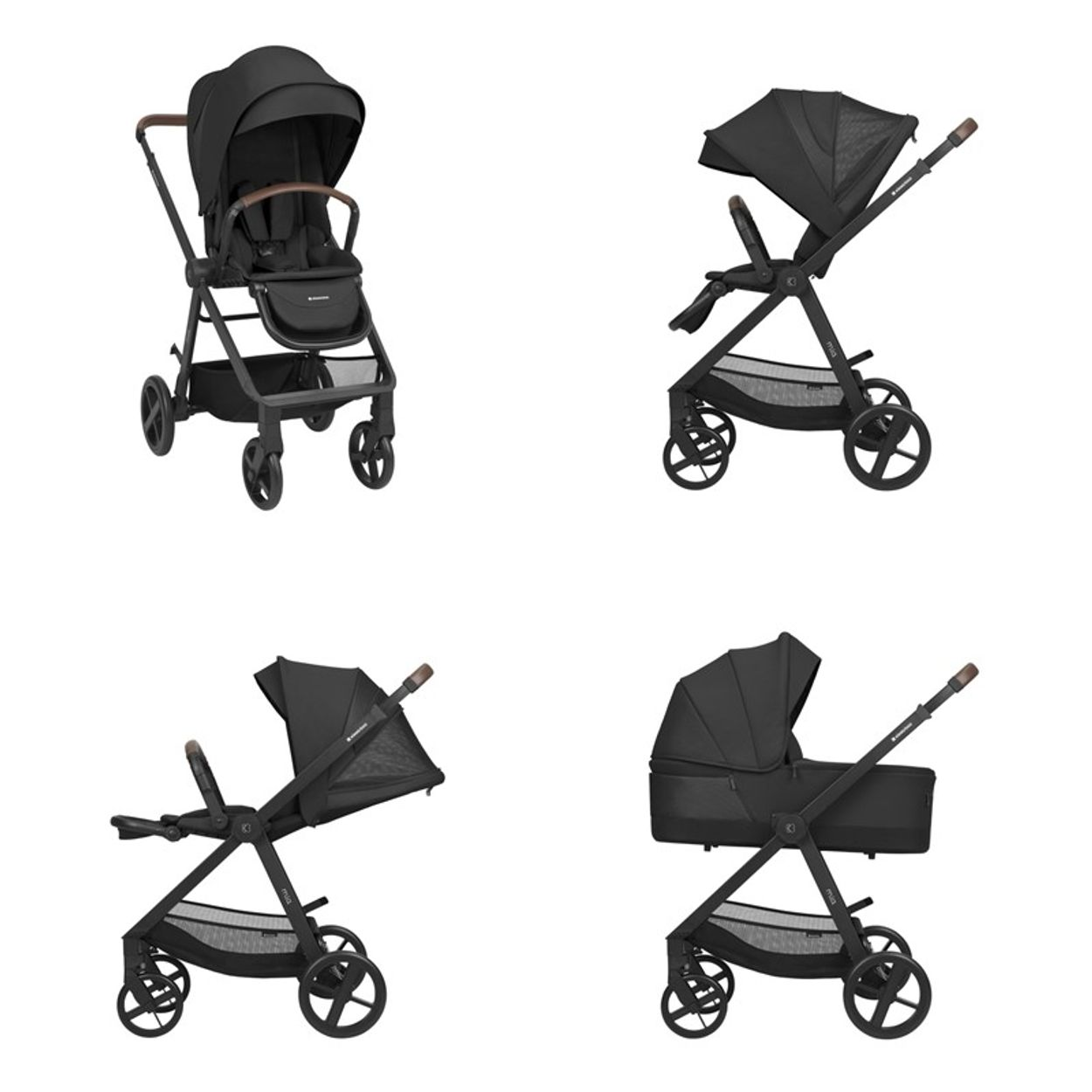 Vier Ansichten eines schwarzen Kinderwagens mit braunem Griff. Verschiedene Winkel und Konfigurationen werden auf weißem Hintergrund angezeigt.