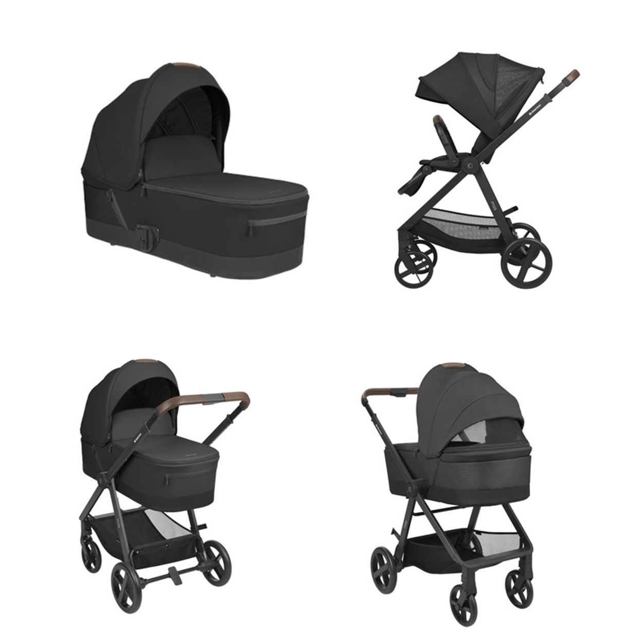 Vier schwarze Kinderwagen, darunter eine Babywanne und drei verschiedene Konfigurationen mit Verdeck und Ablagekörben.