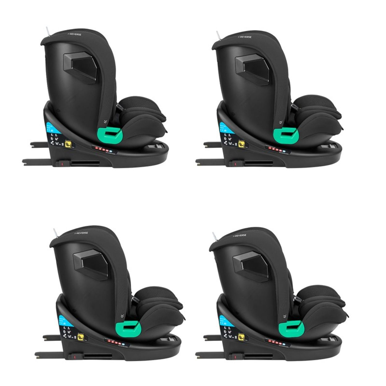 Vier schwarze Autositze vor weißem Hintergrund. Jeder Sitz hat ein dunkles, elegantes Design mit grünen und blauen Akzenten.