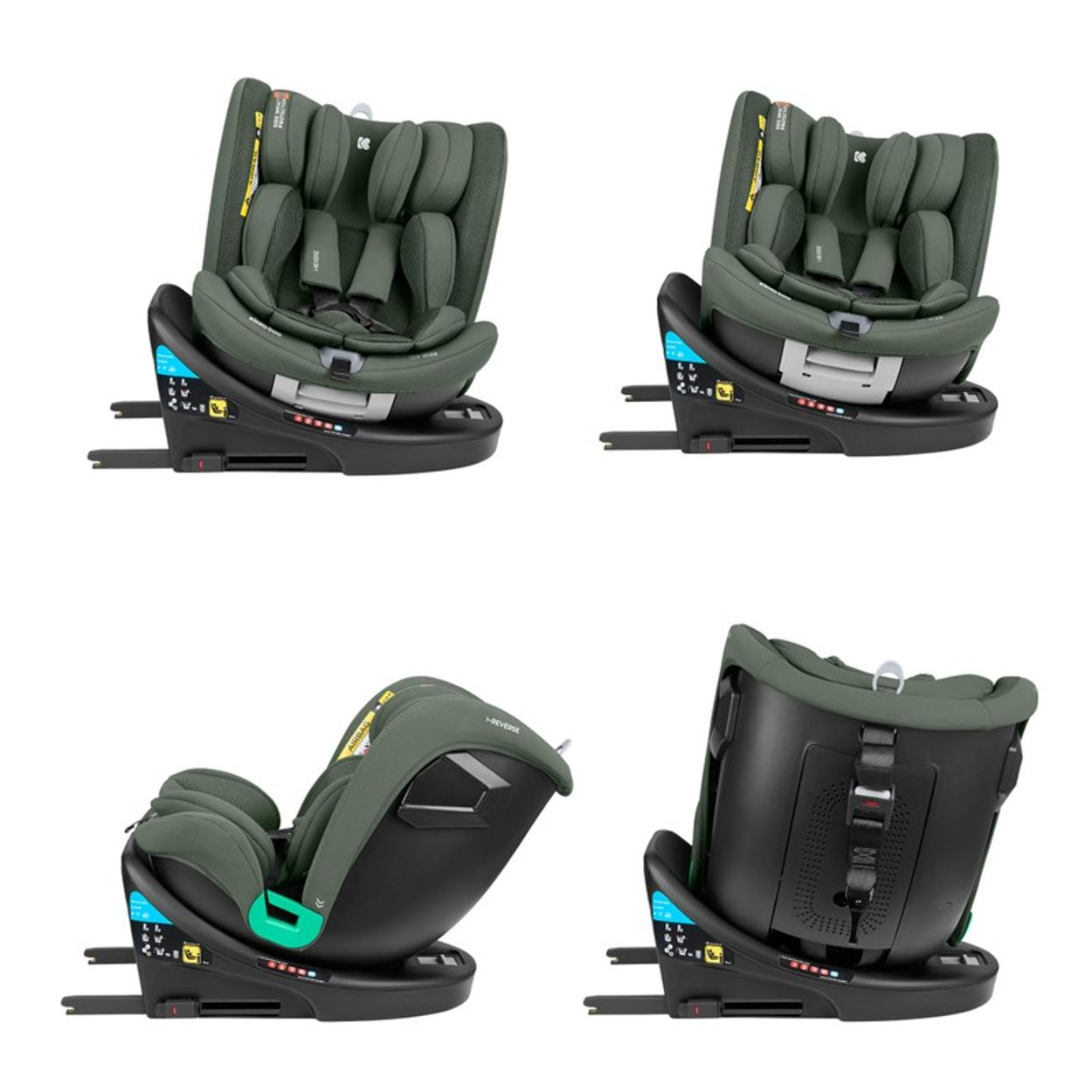 Cuatro vistas de una silla de coche verde sobre una base negra, mostrando diferentes ángulos y posiciones. El asiento tiene características y etiquetas de seguridad.