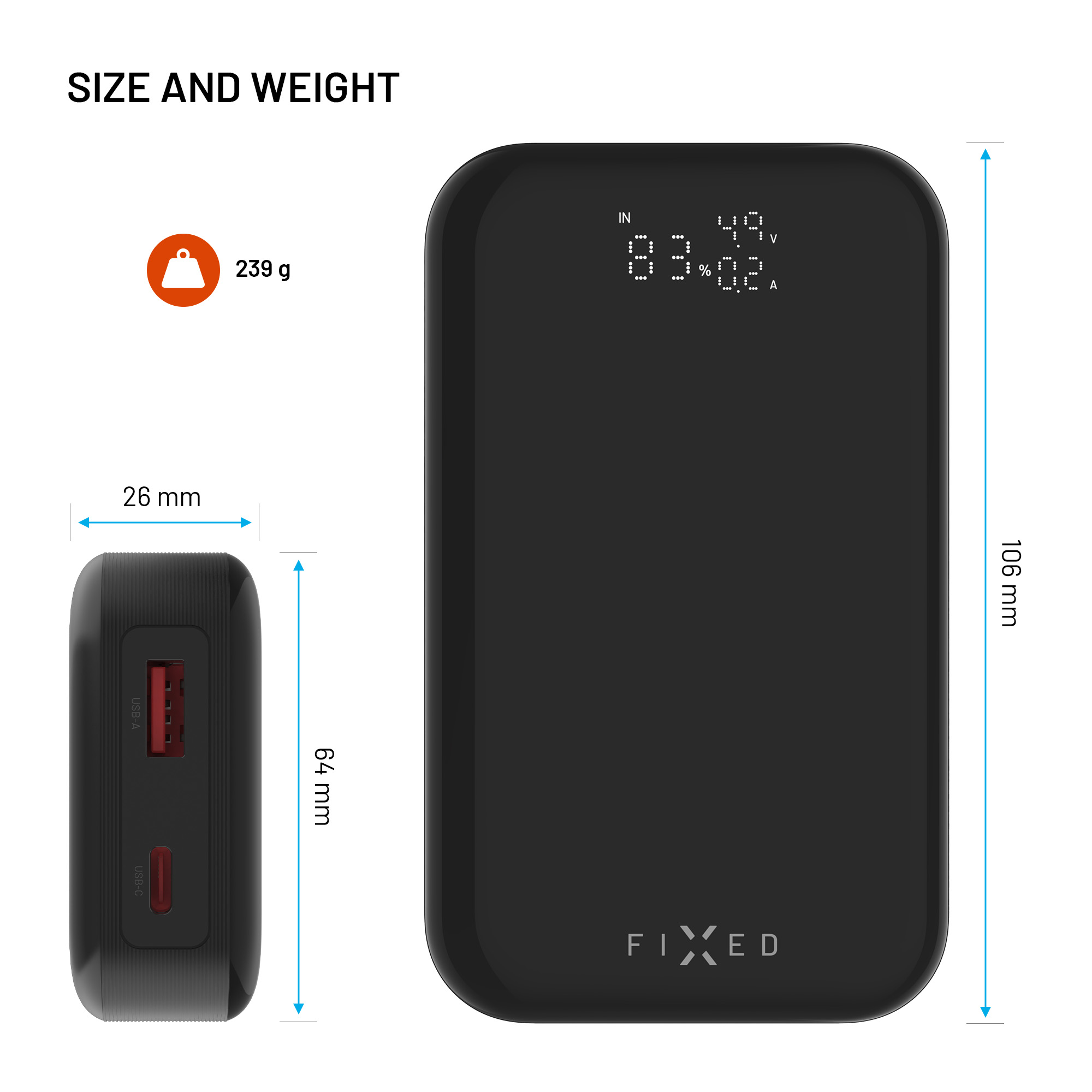 Eine schwarze Powerbank mit Digitalanzeige, die 83 %, 4,9 V und 0,2 A anzeigt. Abmessungen und Gewicht werden angezeigt.