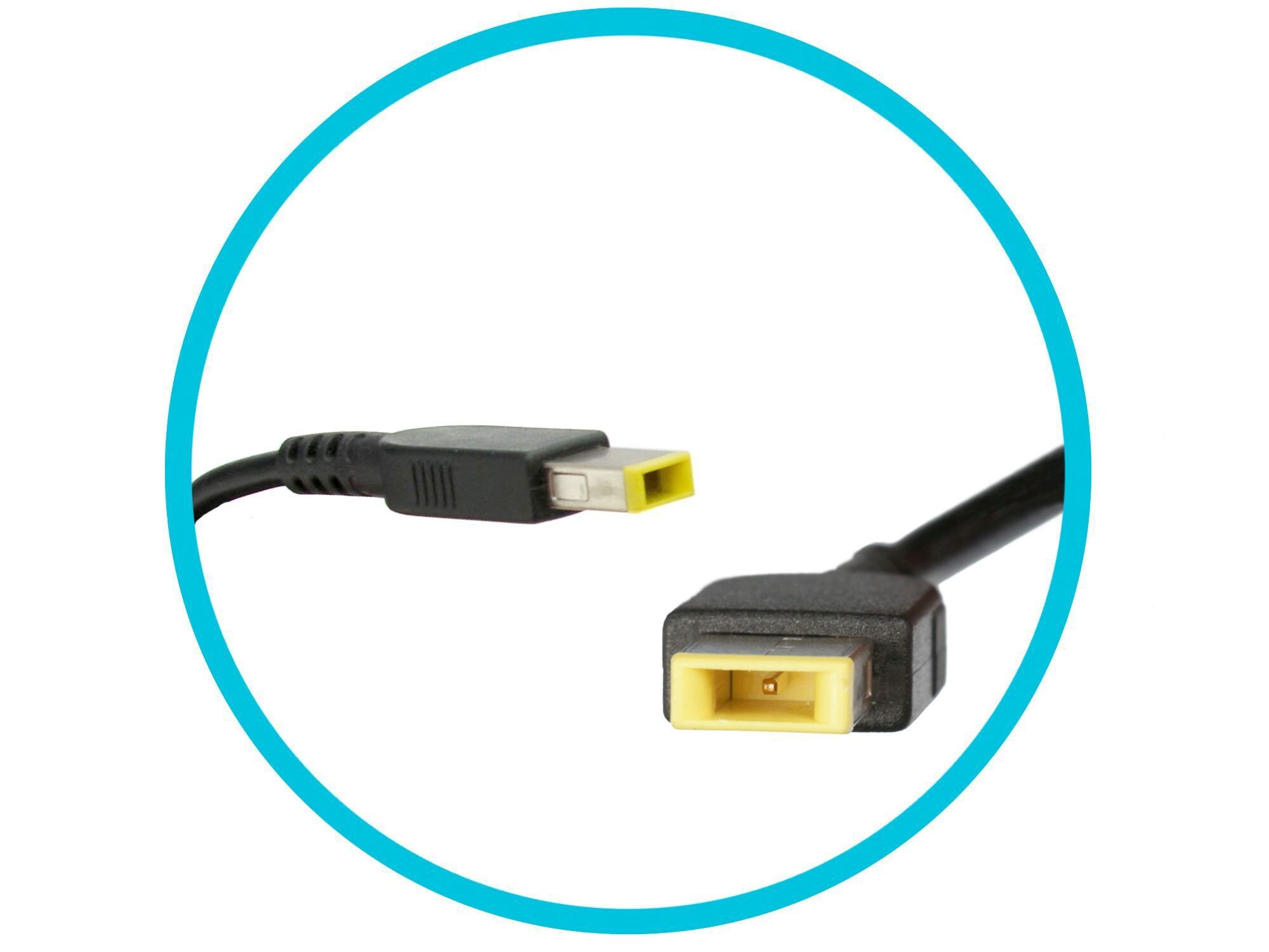 Schwarzes Lenovo-Ladekabel mit gelbem Innenraum. Zwei Stecker auf weißem Hintergrund, umrandet von einem blauen Kreis.