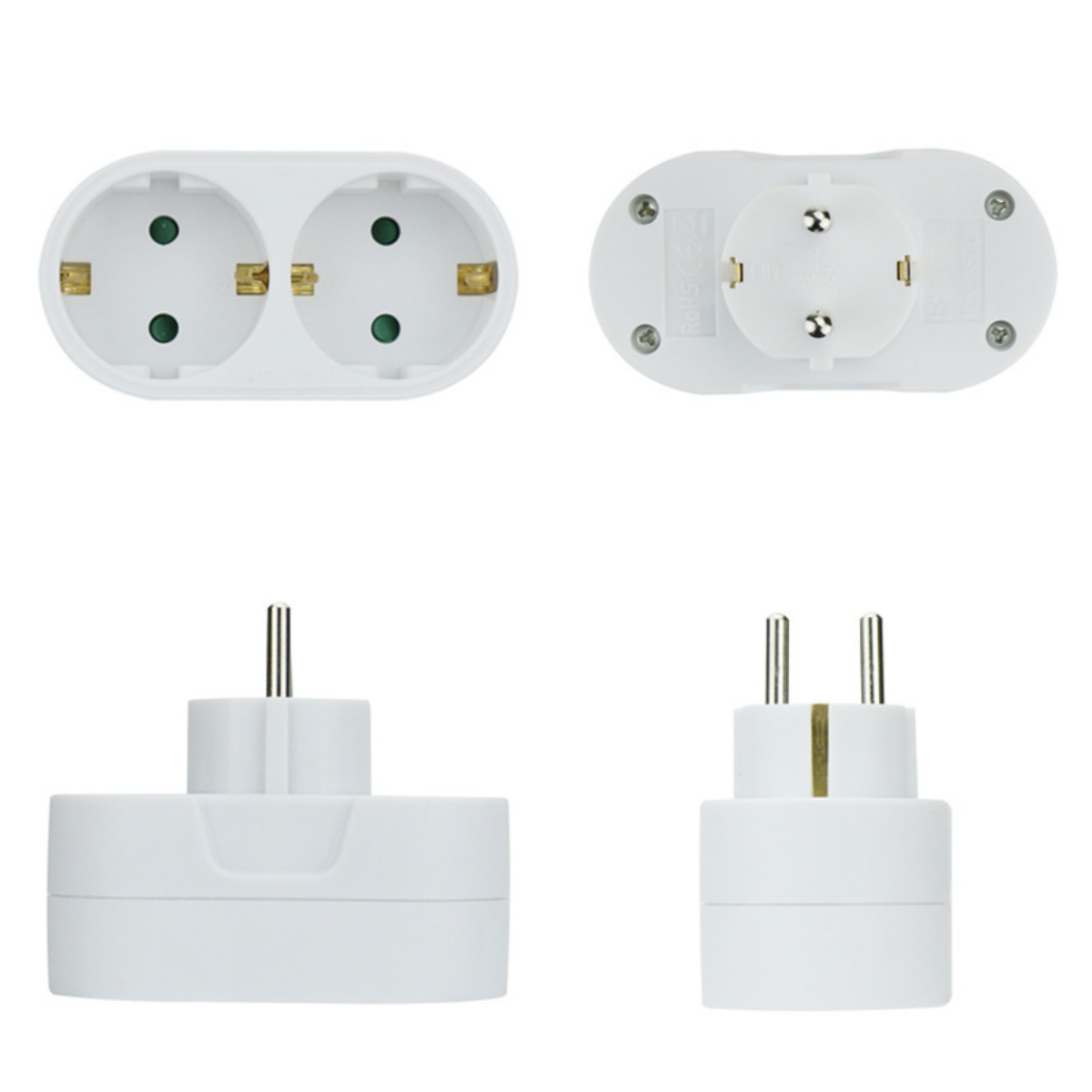 Vier Ansichten eines weißen Netzadapters. Oben links sind zwei Steckdosen, oben rechts der Stecker. Unten ist der Adapter von den Seiten zu sehen.