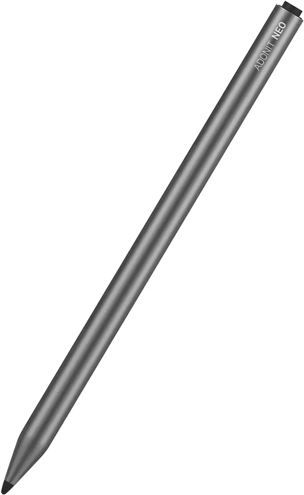 Una penna stilo argentata con punta nera. La penna è angolata, con 'ADONIT NEO' stampato sopra. Lo sfondo è bianco.