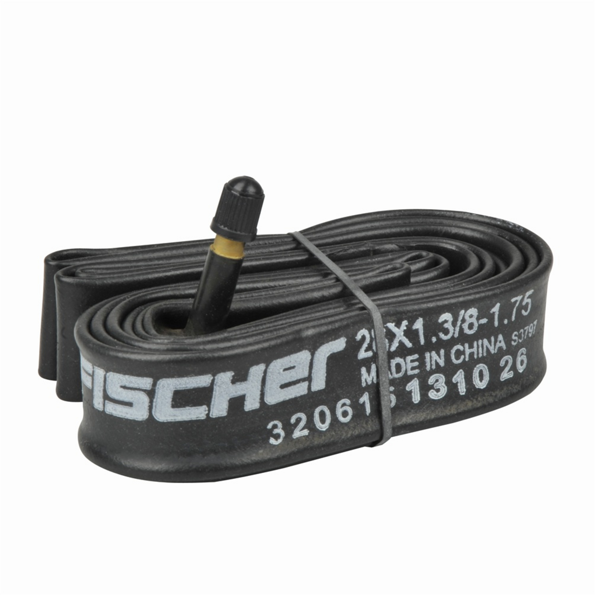Ein schwarzer Fischer-Fahrradschlauch ist aufgerollt, mit herausragendem Ventil. Text 'FISCHER' und Größenangaben sind aufgedruckt.