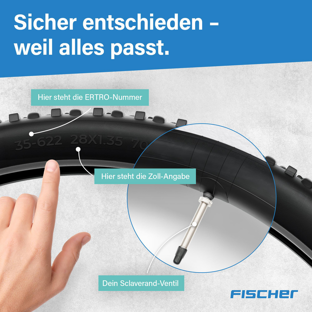 Eine Hand zeigt auf einen Fahrradreifen mit Textbeschriftungen. Der Reifen ist schwarz und zeigt Größenangaben. Etiketten weisen auf ERTRO-Nummer, Zoll-Angabe und Ventiltyp hin.