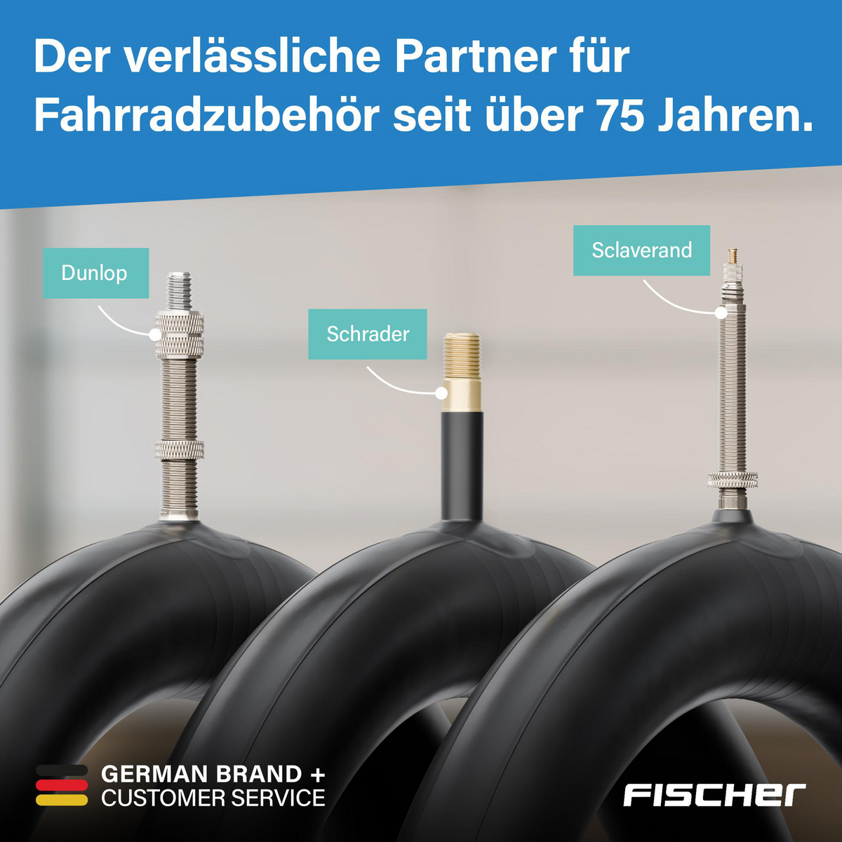 Das Bild zeigt drei Fahrradschläuche mit verschiedenen Ventiltypen: Dunlop, Schrader und Sclaverand. Text wirbt für Fahrradzubehör.