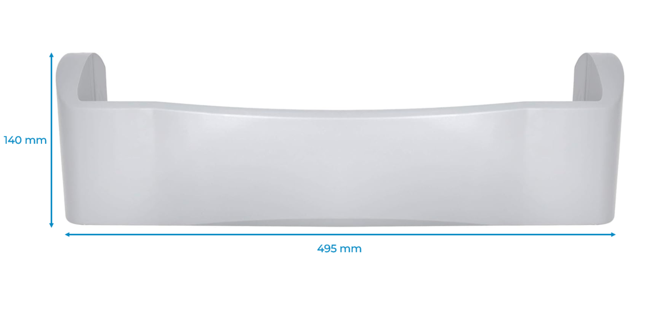 Un contenedor de plástico blanco con dos asas y forma curva. Dimensiones: 495 mm de ancho y 140 mm de alto.
