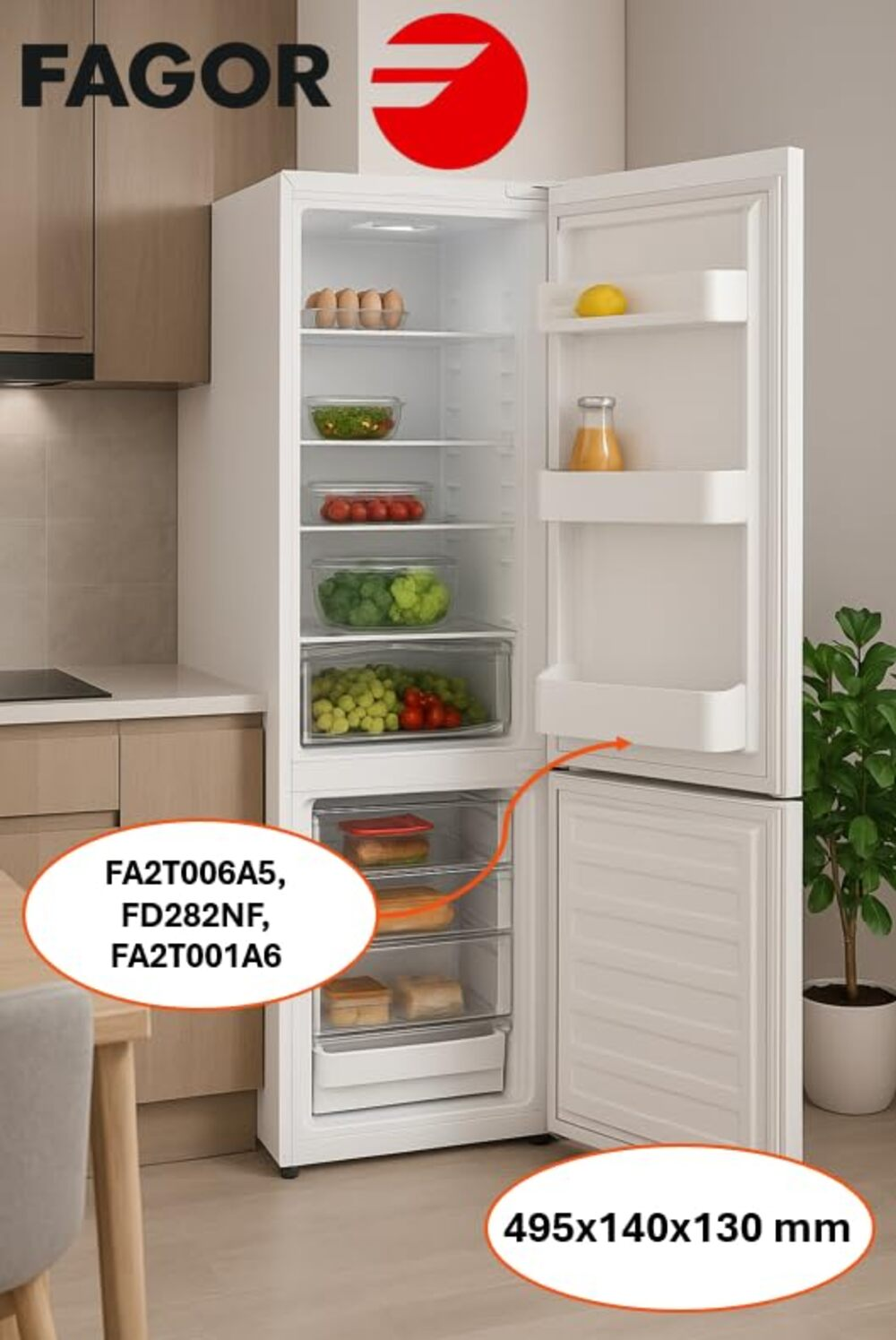 Un refrigerador Fagor blanco con las puertas abiertas, mostrando estantes de comida. Incluye huevos, verduras, frutas y recipientes. Una planta está a la derecha.