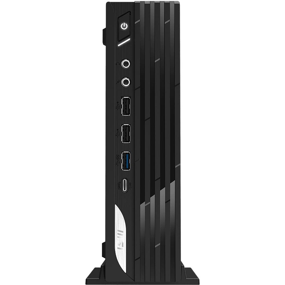 Czarny komputer stacjonarny. Posiada porty zasilania i USB. Z przodu znajduje się przycisk zasilania i logo.