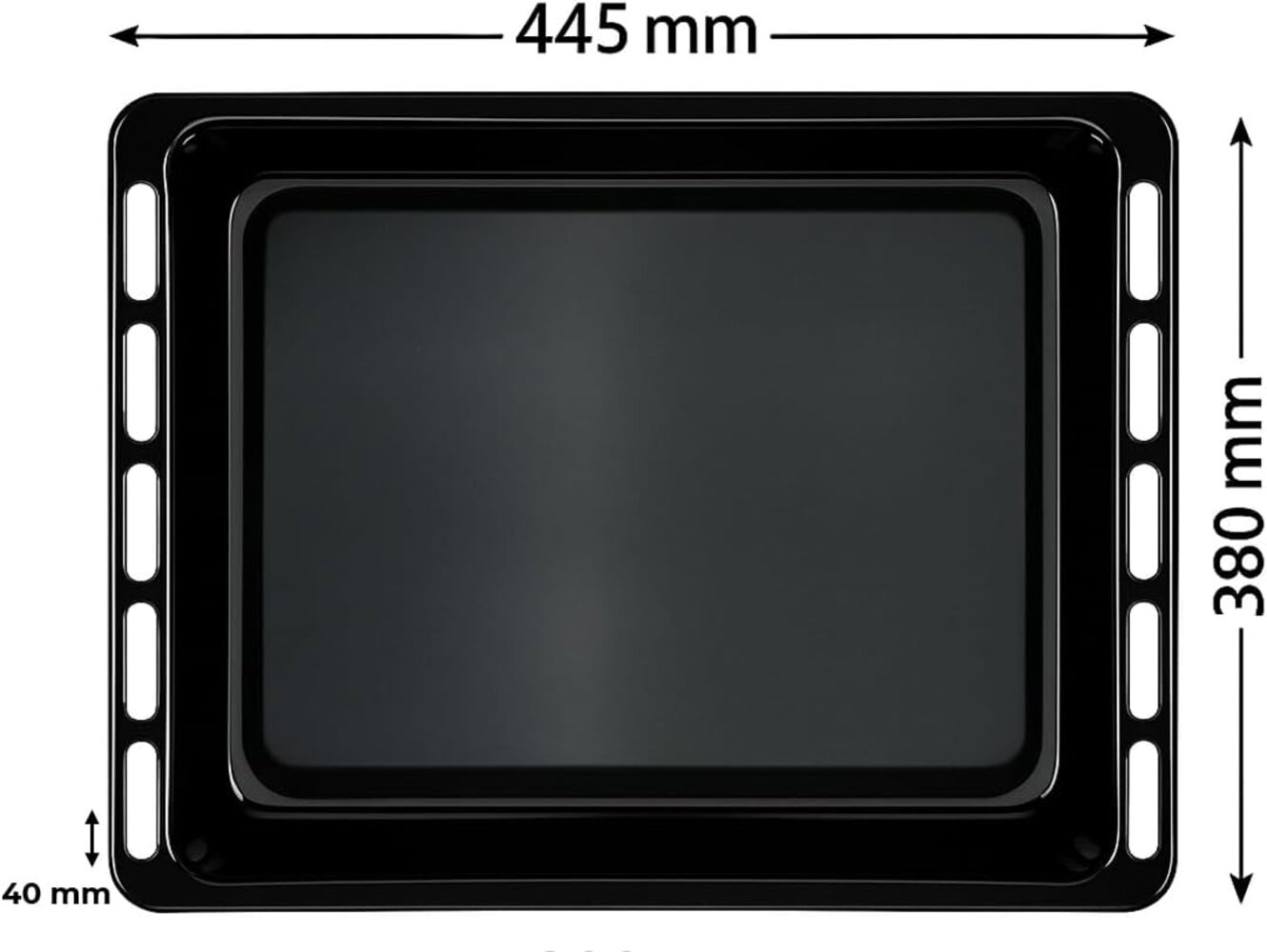 Bandeja negra para hornear con dimensiones de 445 mm x 380 mm x 40 mm. Las medidas se indican con flechas.