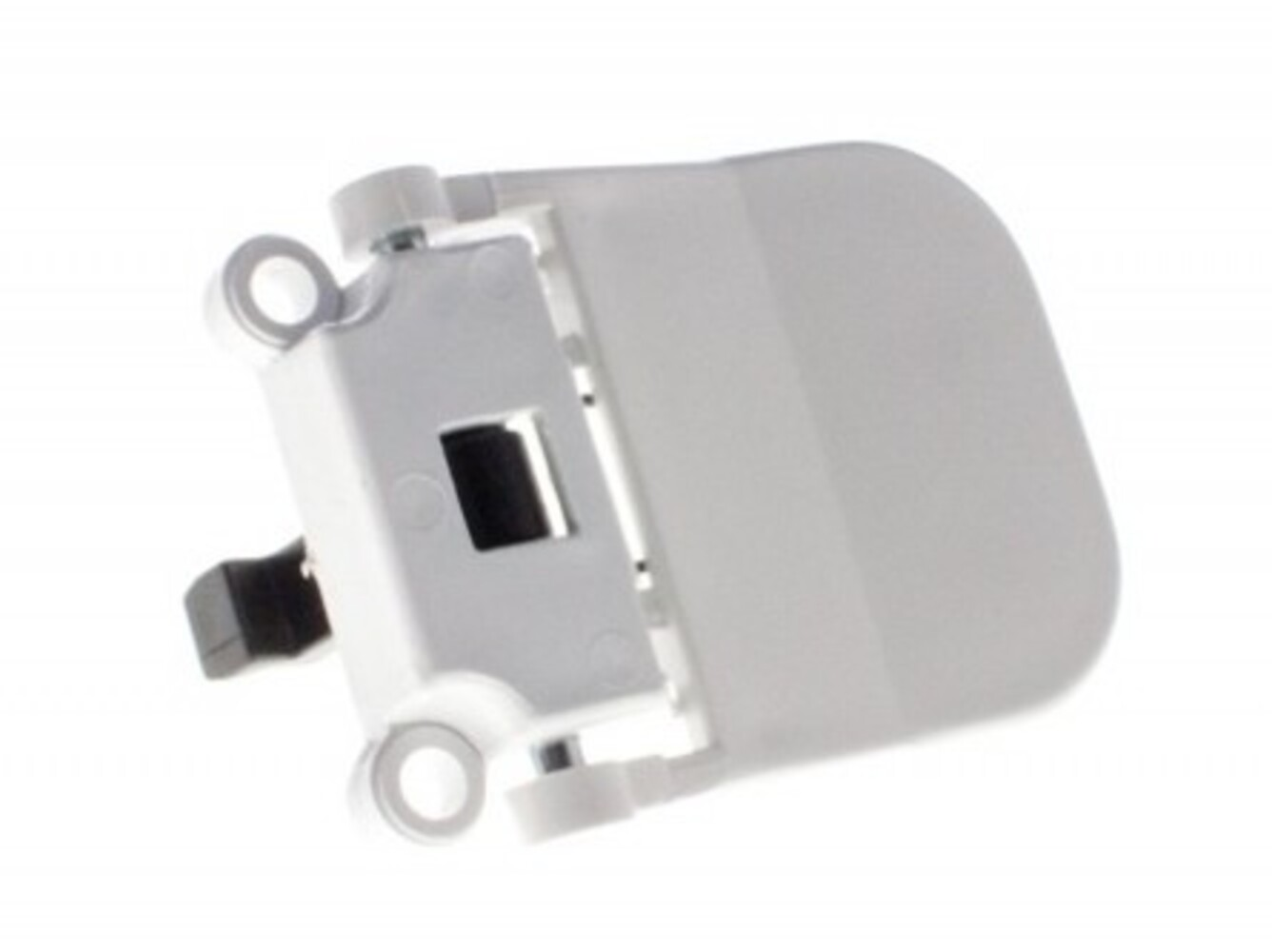 Un componente de plástico blanco con una palanca negra, una abertura rectangular y varios agujeros circulares. Aislado sobre fondo blanco.