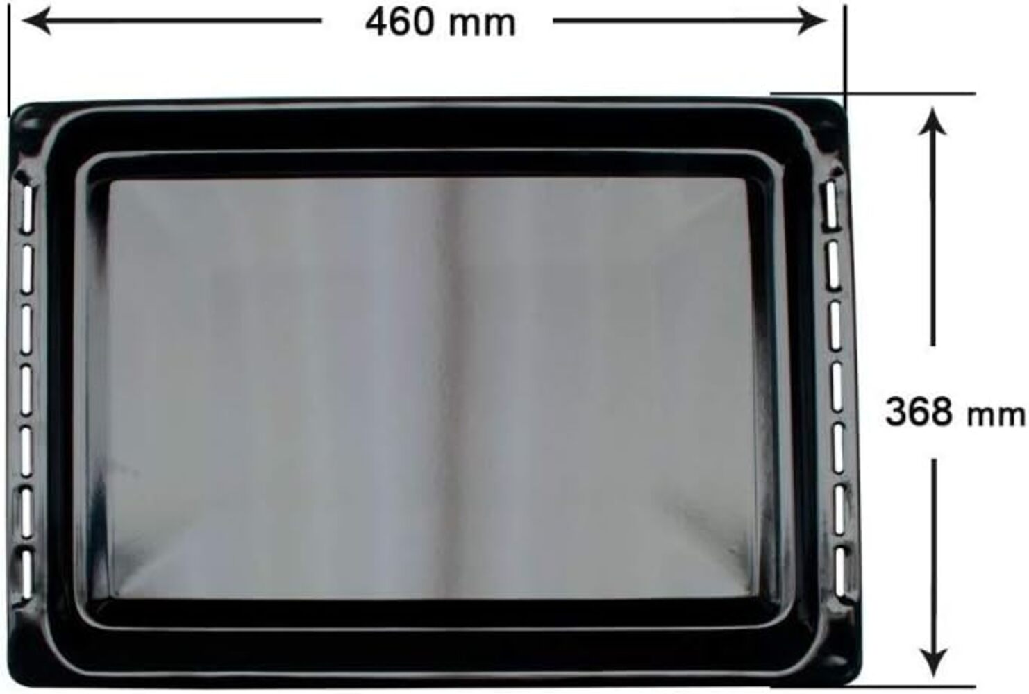Una bandeja rectangular negra con dimensiones. Mide 460 mm de ancho y 368 mm de alto.