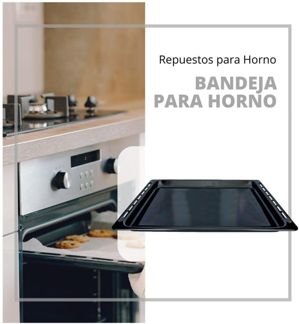 Un horno abierto con galletas en una bandeja. Se muestra una bandeja negra para hornear a la derecha. El texto dice 'Bandeja para horno'.