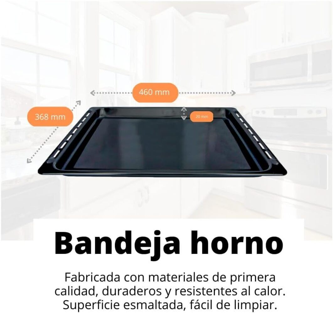 Bandeja de horno negra con dimensiones. Texto debajo: "Bandeja horno". El texto describe la calidad del material, durabilidad y fácil limpieza.