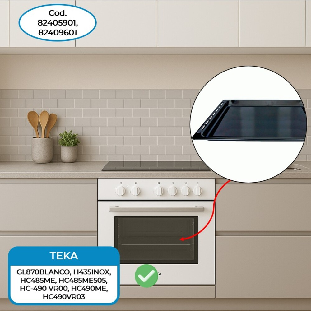 Horno TEKA blanco con interior negro. Vista ampliada de una bandeja de horno. Etiquetas de texto identifican modelos de horno.