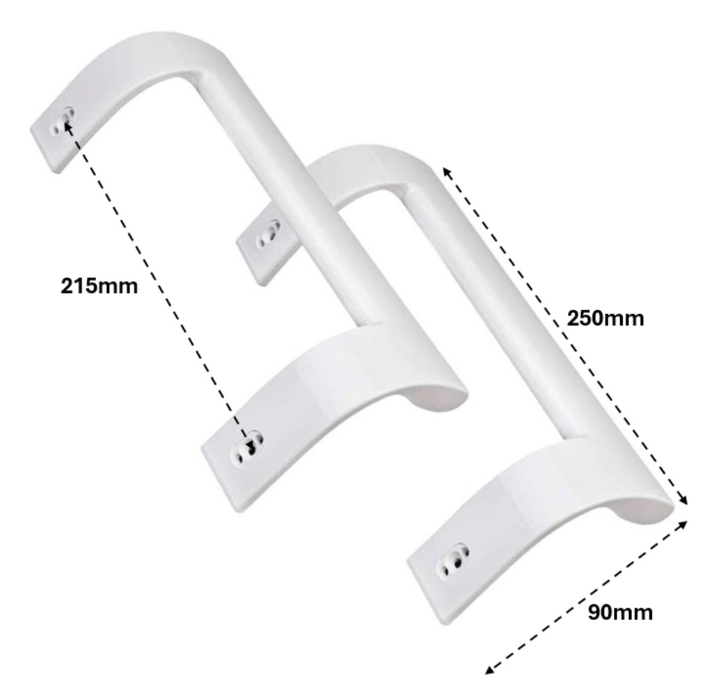 Dos tiradores de armario blancos. Uno mide 215 mm de largo, el otro 250 mm. El más corto mide 90 mm de ancho.