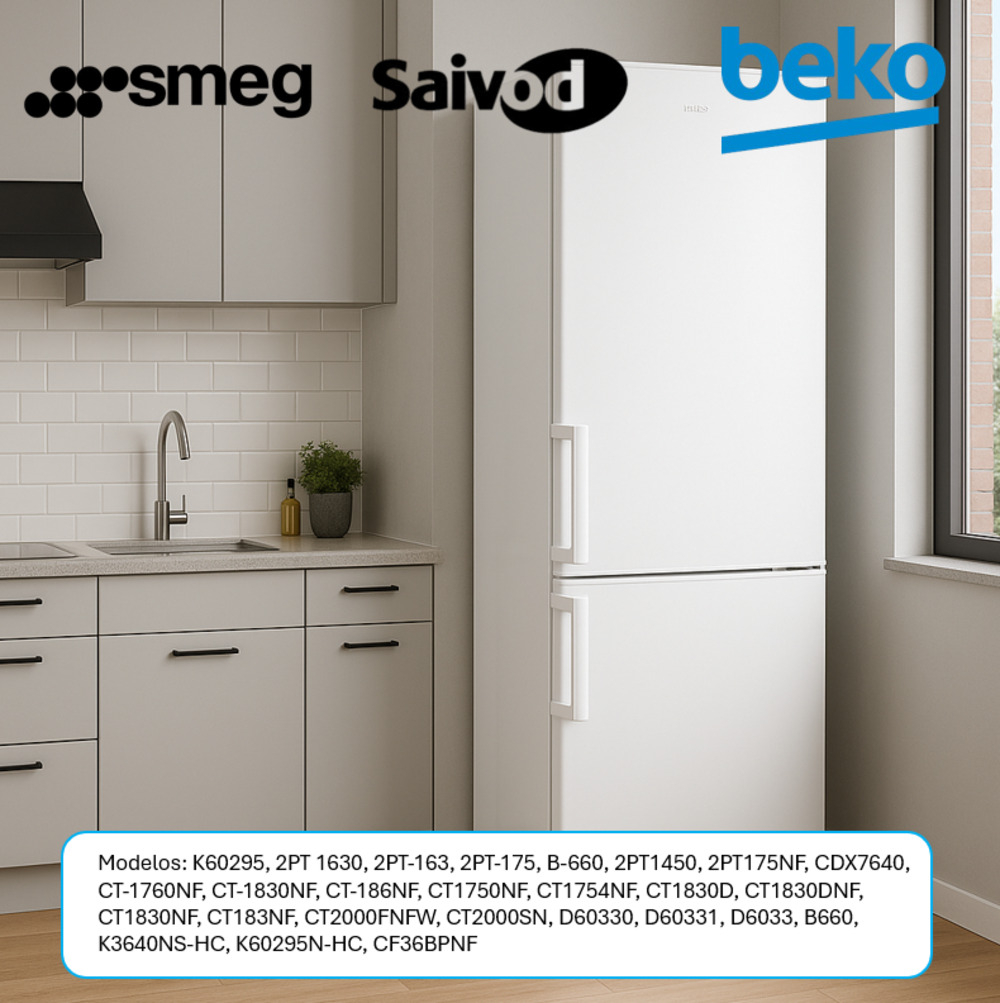 Una escena de cocina con nevera blanca, armarios y fregadero. Se ven marcas como Smeg, Saivod y Beko.