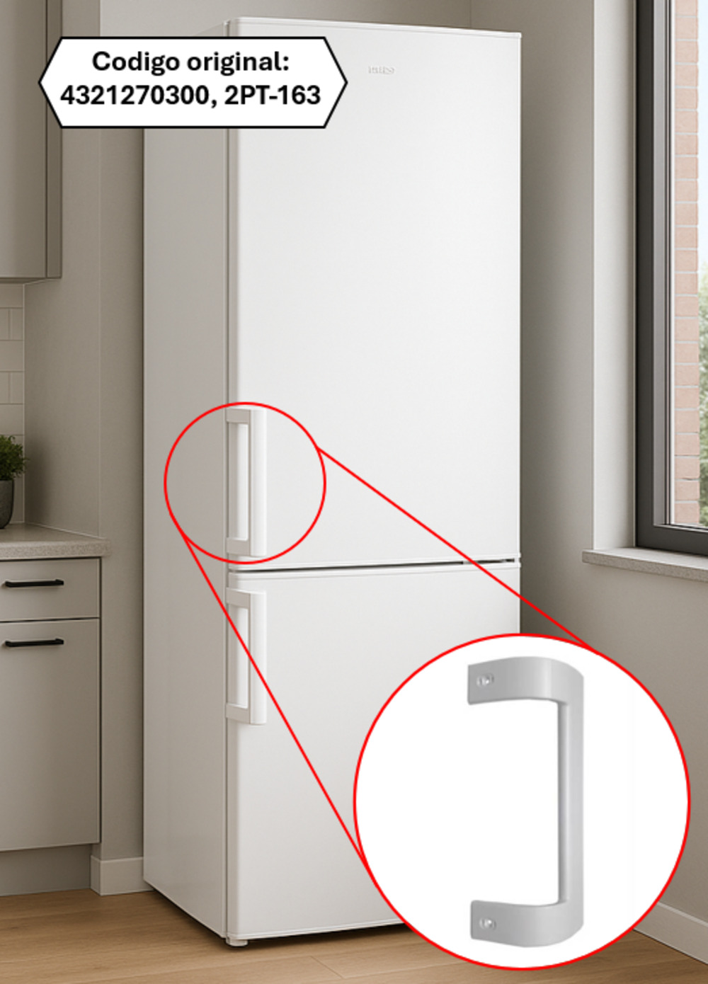 Un refrigerador blanco con manija en una cocina. Tiene una manija y está junto a una ventana. Hay una etiqueta arriba.