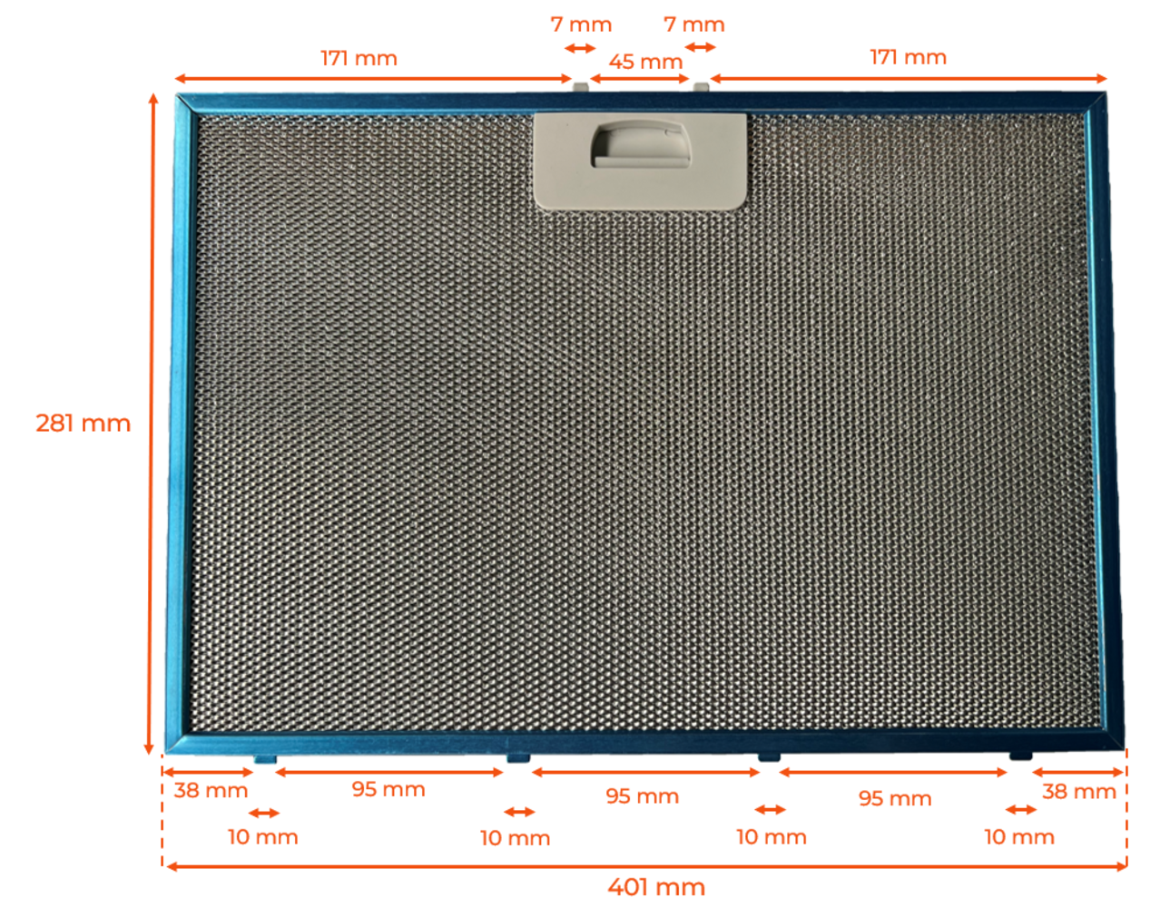 Filtro metálico rectangular con marco azul. Dimensiones etiquetadas: 281 mm x 401 mm. Asa en la parte superior. Patrón de malla visible.