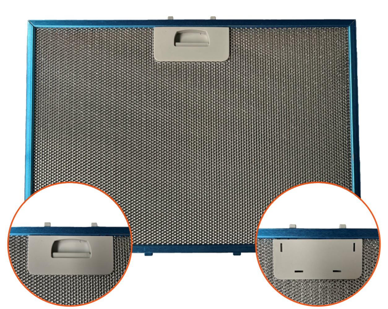 Un filtro rectangular de campana extractora, con marco azul, rejilla y asa gris claro. Dos círculos ampliados muestran detalles.