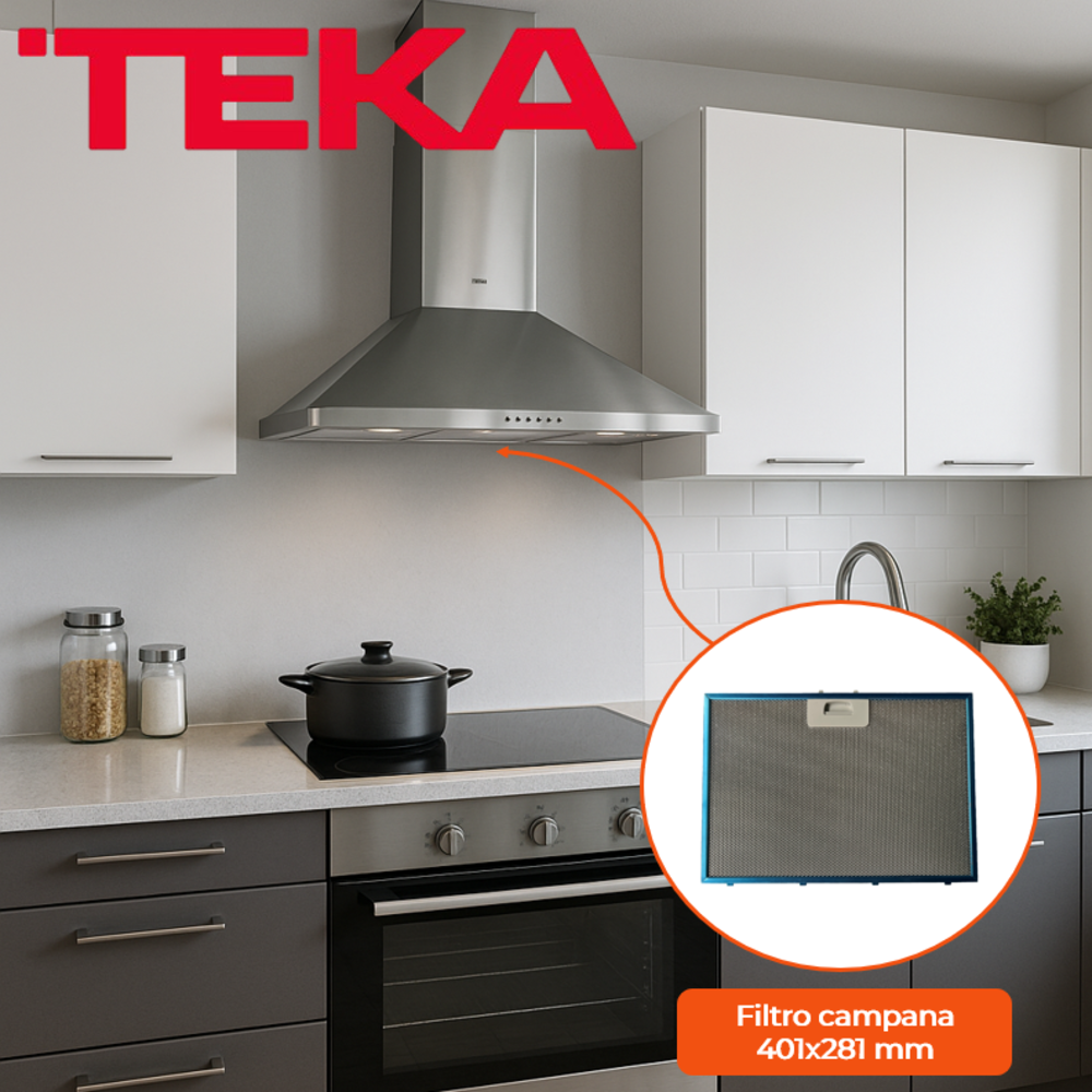 Cocina con campana Teka, armarios y horno. Una incrustación circular muestra un filtro. Una olla está en la estufa.