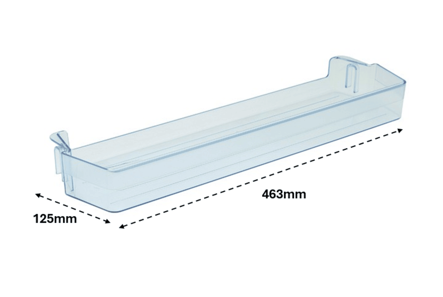 Un estante de refrigerador de plástico azul transparente con dimensiones de 463 mm x 125 mm, sobre un fondo blanco. El estante tiene una asa.