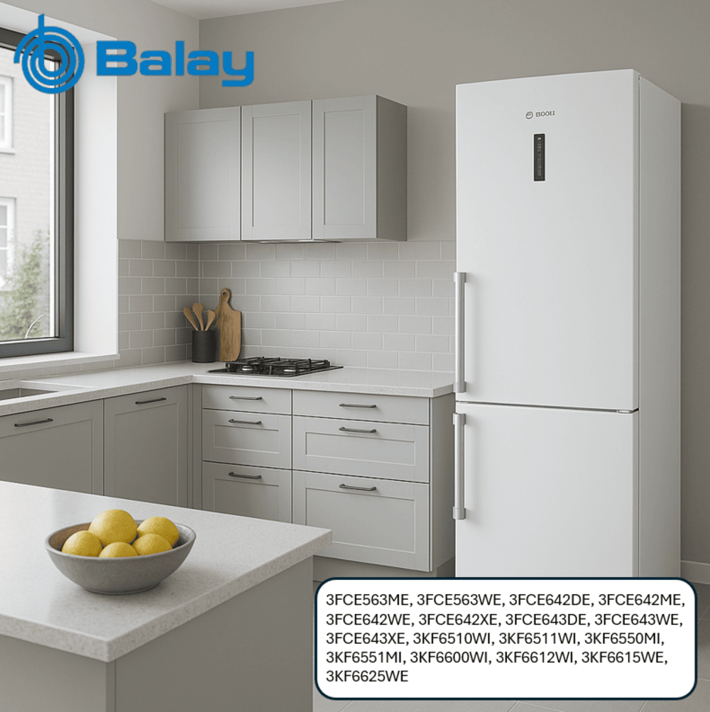 Cocina con nevera blanca, armarios grises, encimera con limones y cocina de gas. El logo de Balay es visible.
